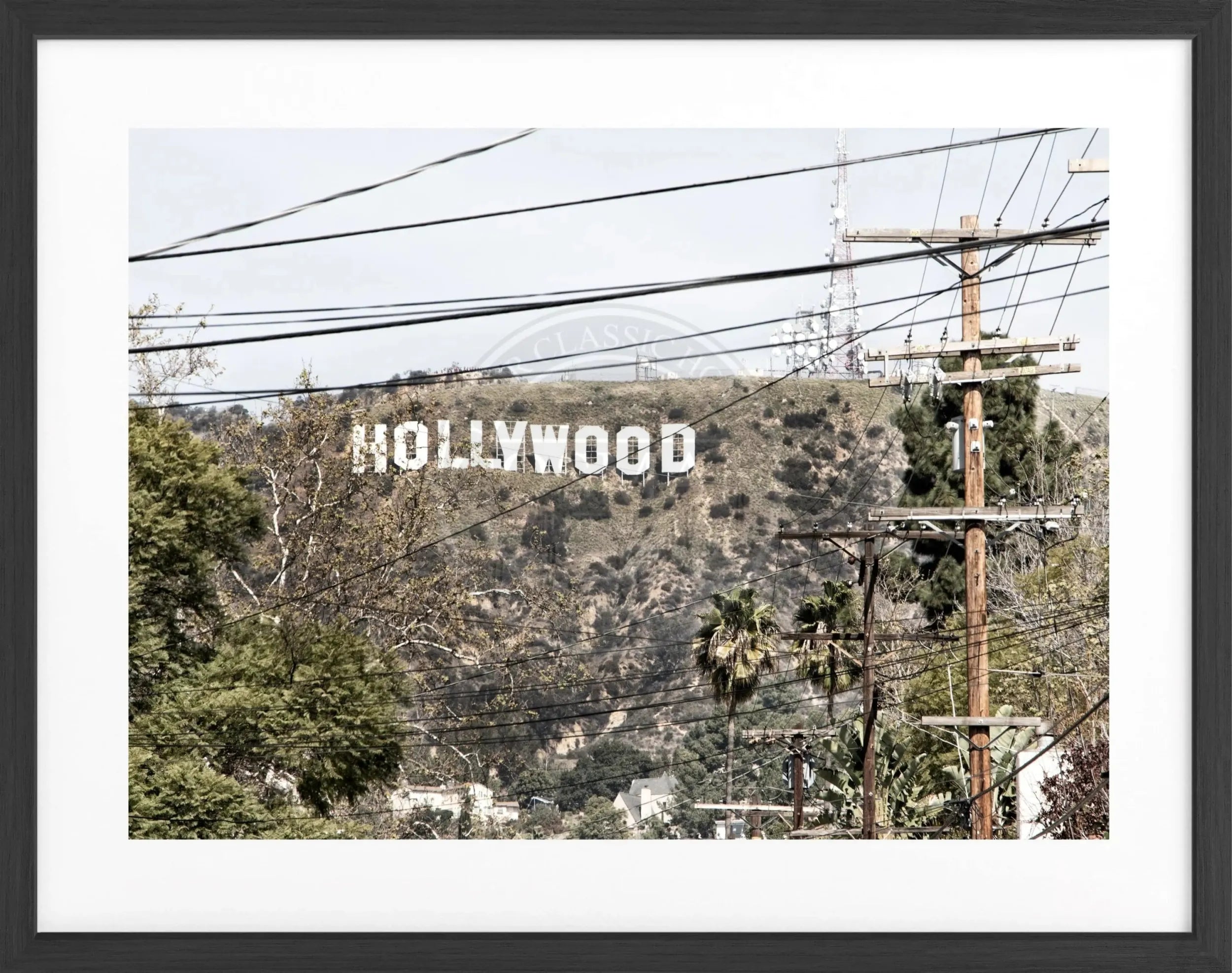 Schwarzes Poster mit Rahmen, Kalifornien Hollywood ’Sign’ Motiv, 31x25cm, von Cosman-Photocollection, schwarz-weiß, dekoratives Wandbild