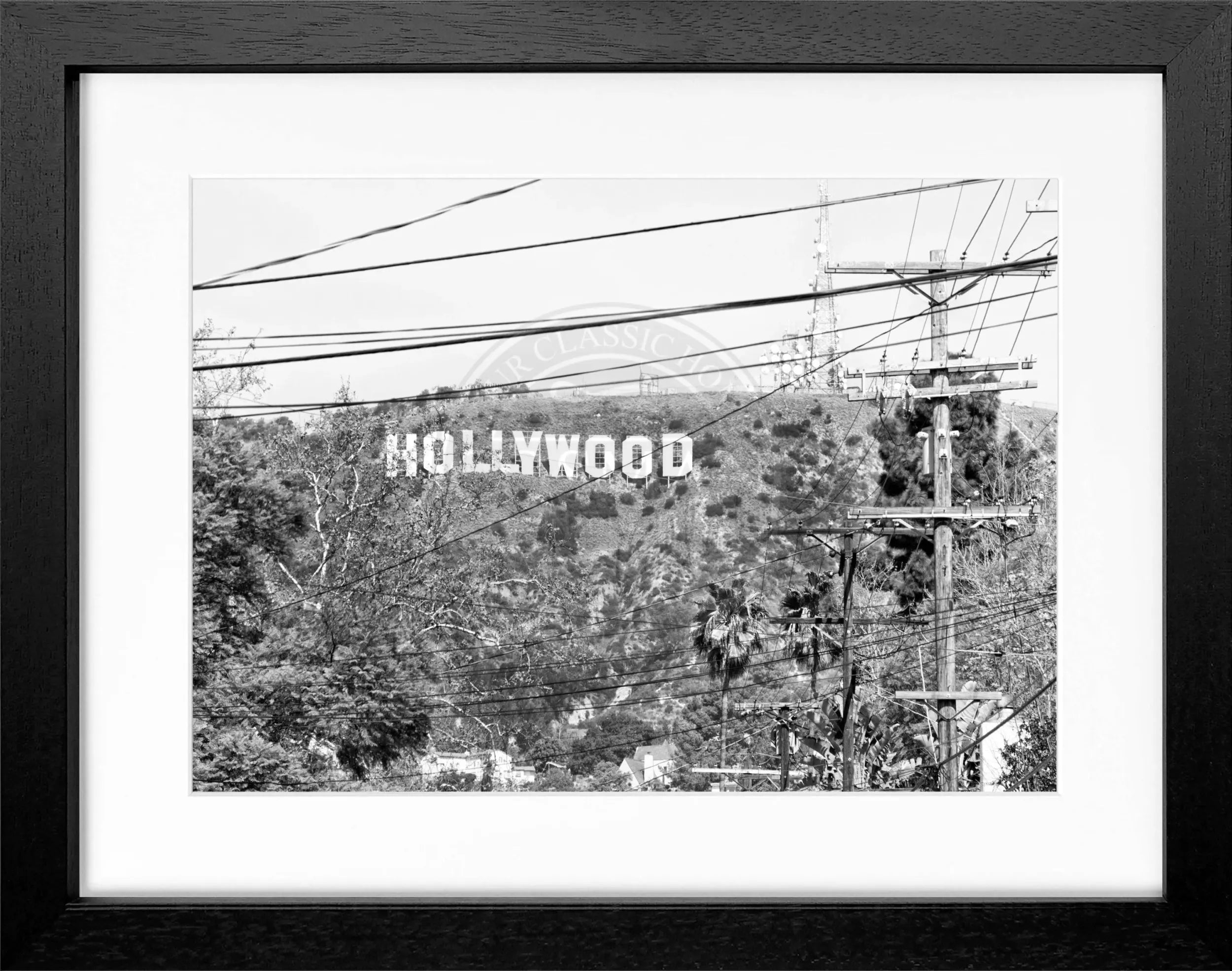 Schwarz-weiß Poster mit Rahmen von Cosman-Photocollection, Kalifornien Hollywood Sign, 31x25cm, modernes Wandbild