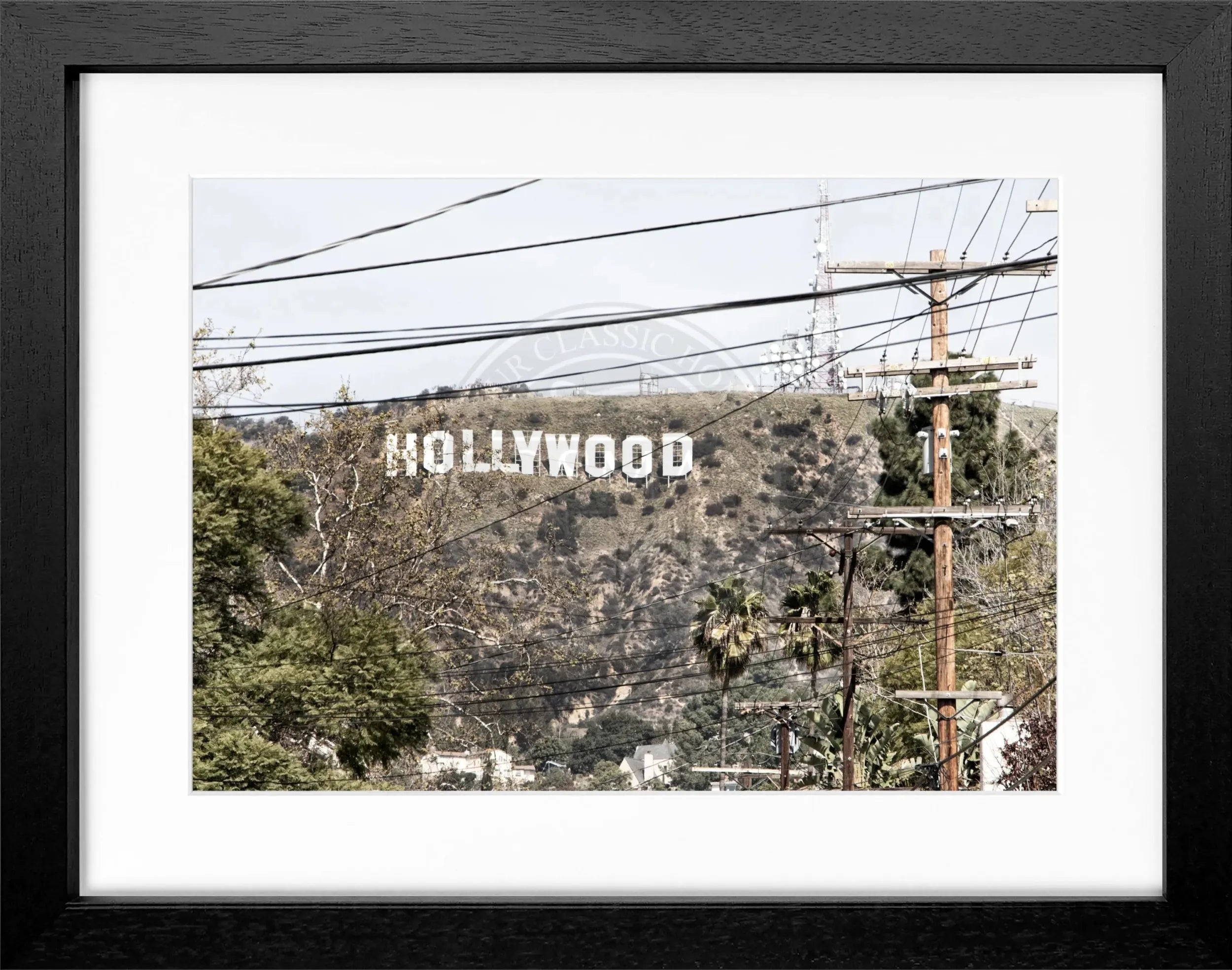 Schwarz-weiß Poster mit Rahmen von Cosman-Photocollection, Kalifornien Hollywood ’Sign’, 31x25 cm, Wanddekoration