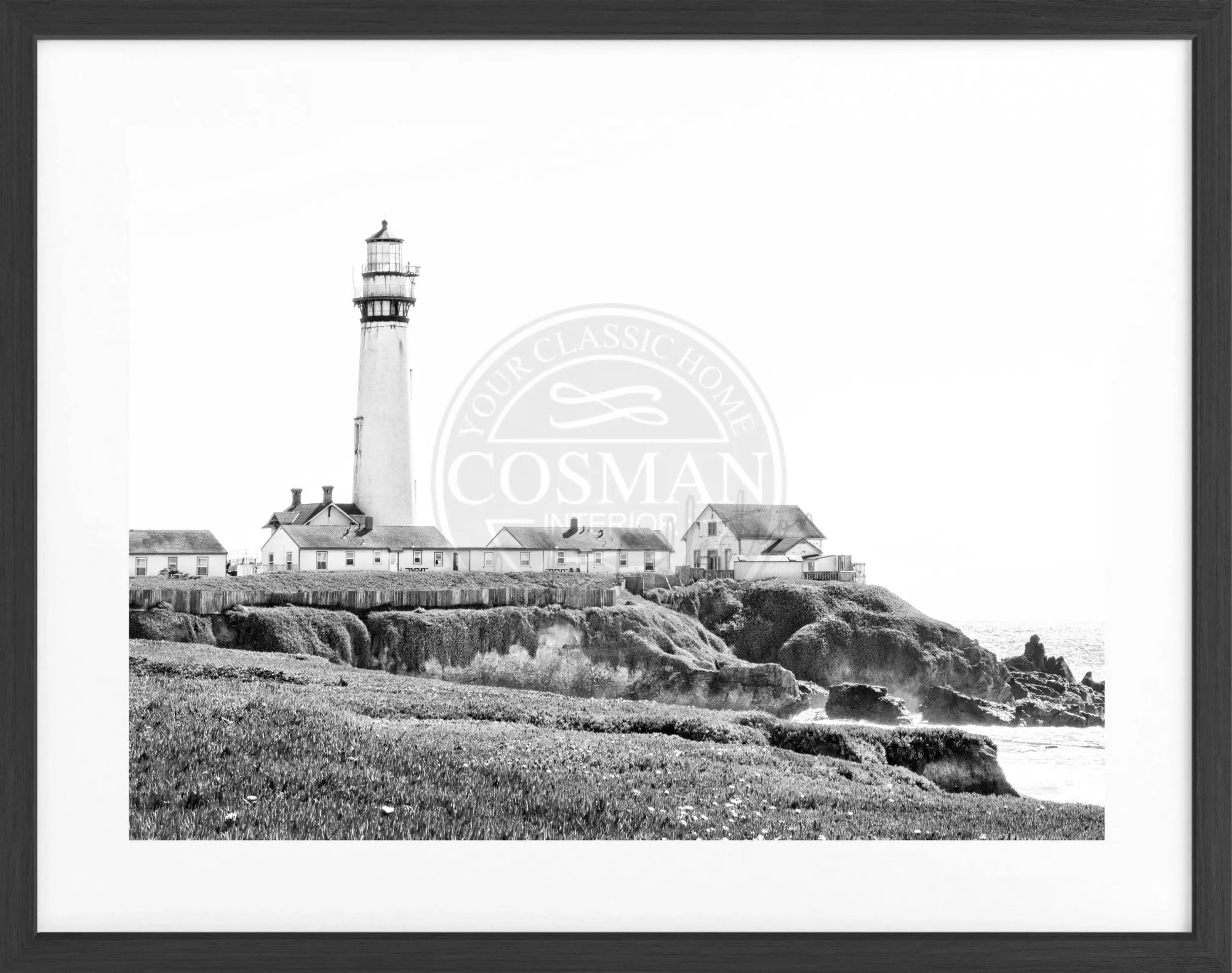 Schwarz-weiß Poster mit Rahmen von Kalifornien, Leuchtturm-Motiv, von Cosman-Photocollection, ca. 31x25cm, Wanddekoration.
