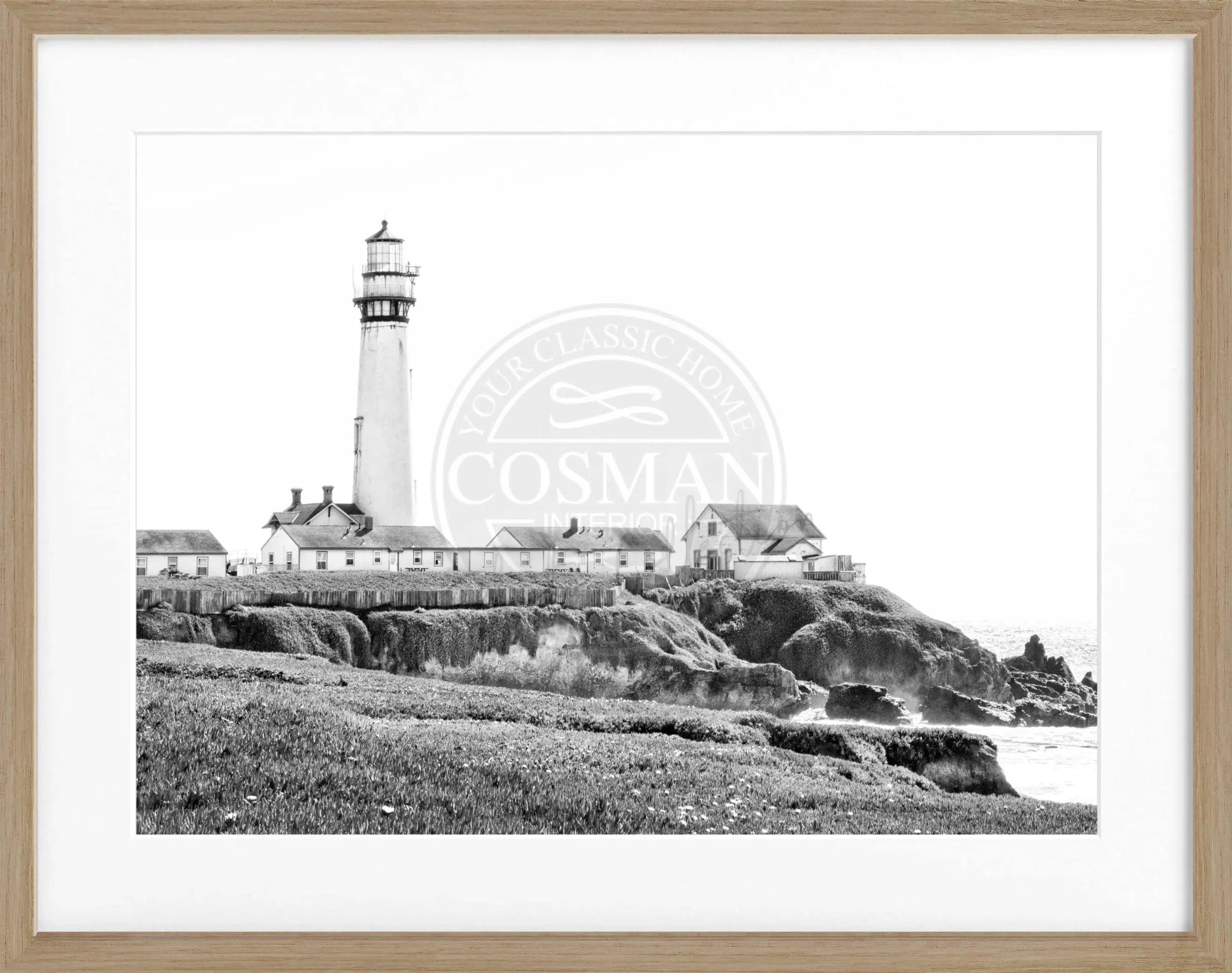 Schwarz-weiß Poster mit Rahmen von Kalifornien, Leuchtturm-Motiv, von Cosman-Photocollection, 31x25cm, Wanddekoration