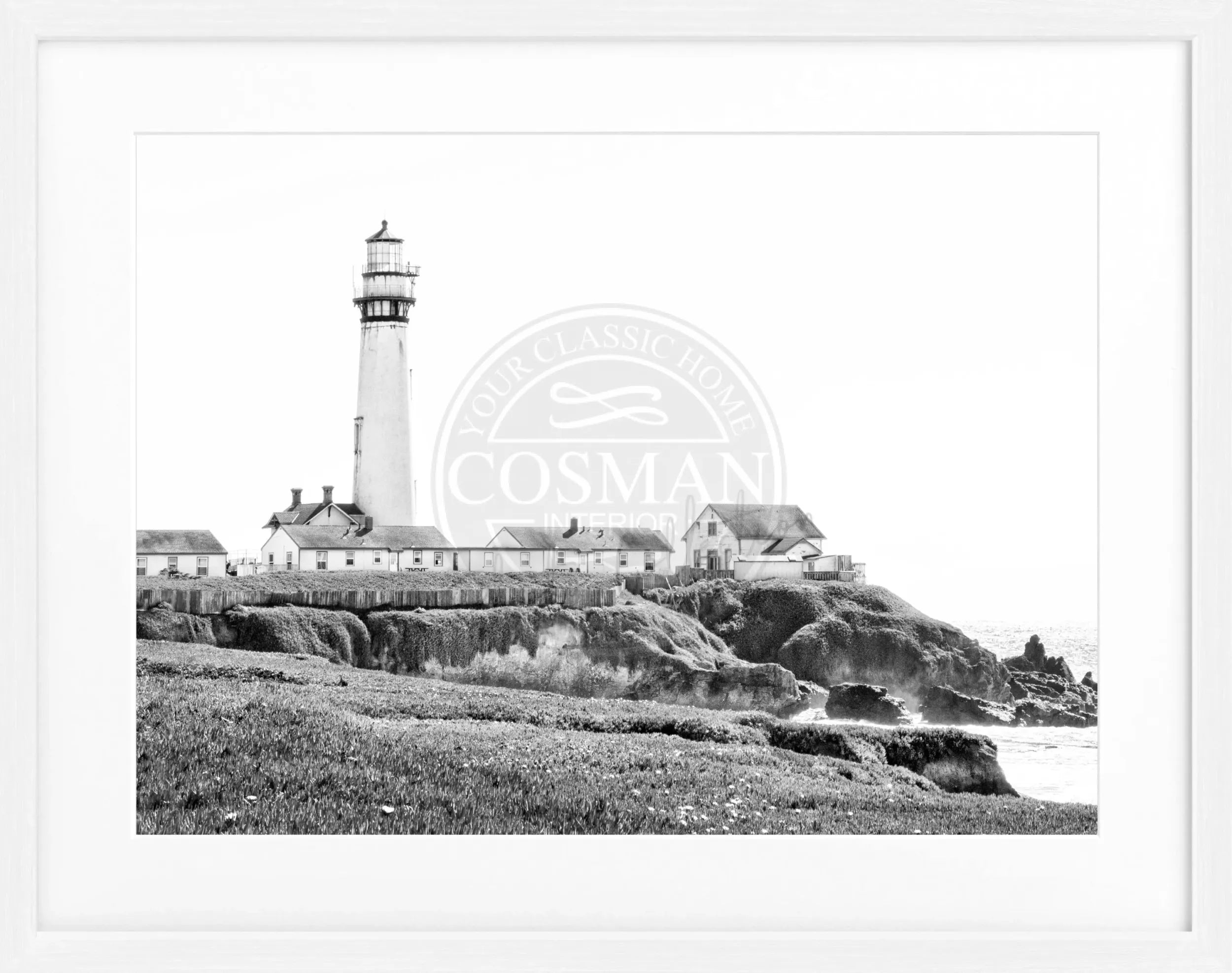 Schwarz-weiß Poster mit Rahmen von Kalifornien, Leuchtturm-Motiv, von Cosman-Photocollection, 31x25cm, Wanddekoration