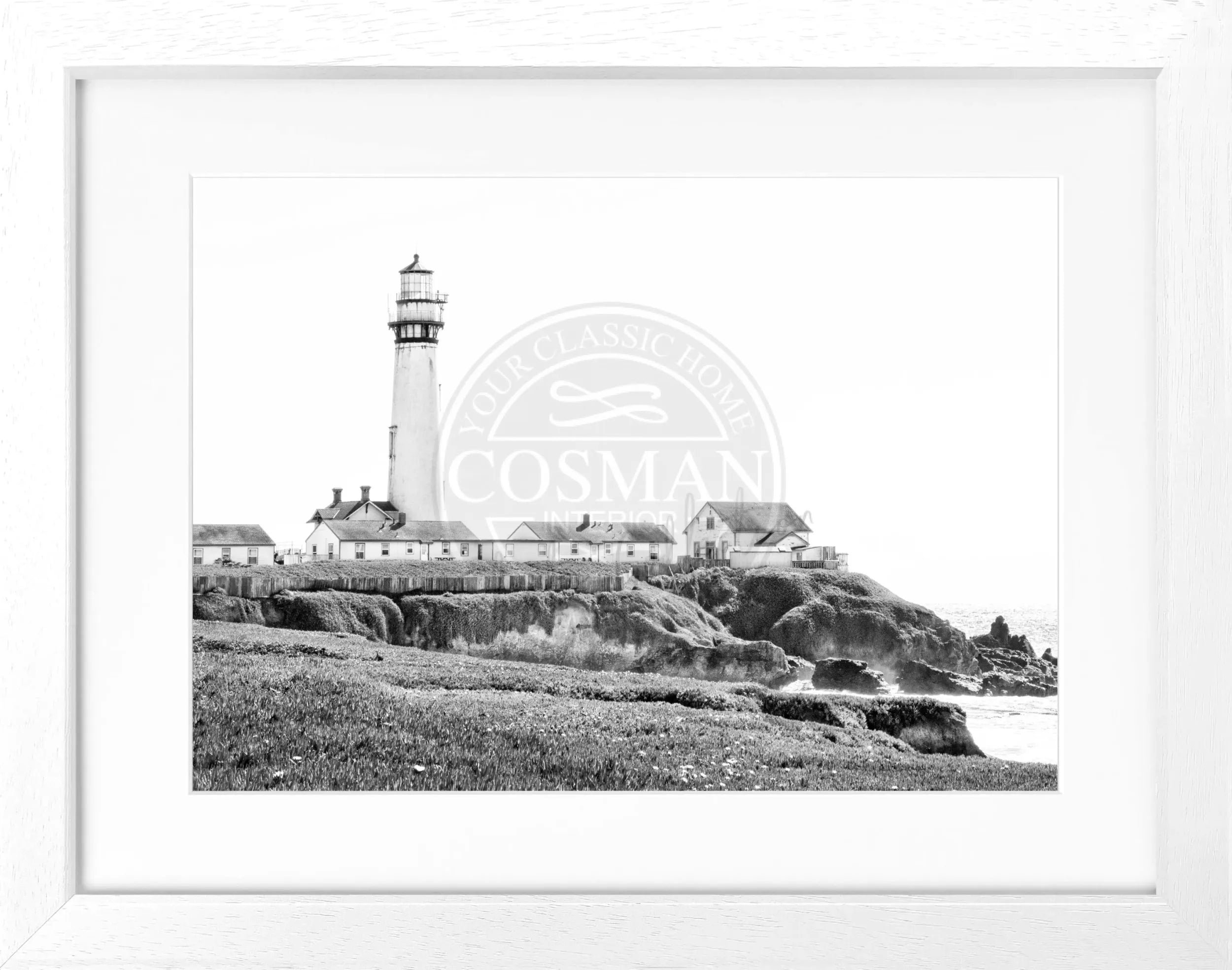 Schwarz-weiß Poster mit Rahmen von Cosman-Photocollection, Kalifornien Leuchtturm, 31x25 cm, Wanddekoration