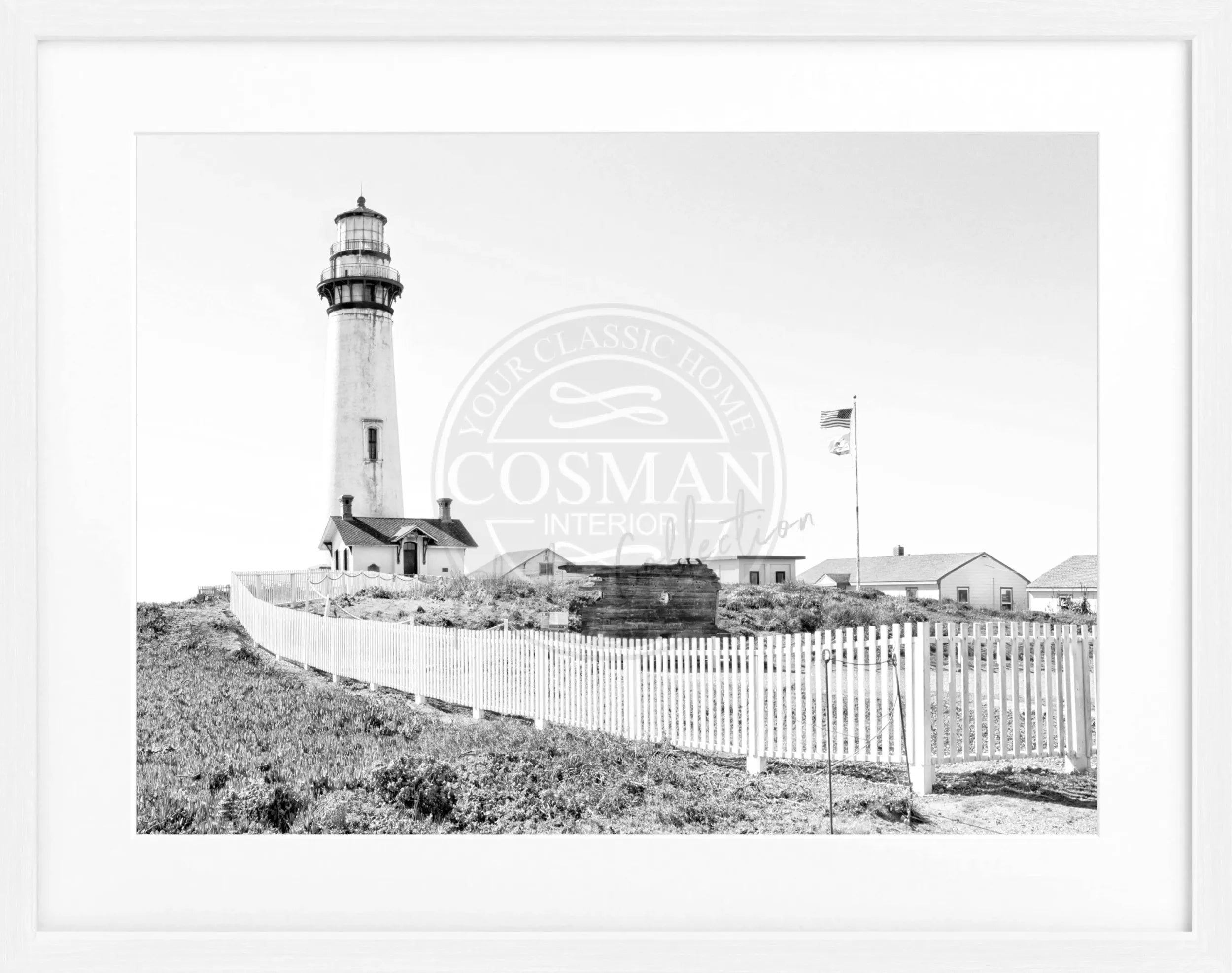 Schwarz-weiß Poster mit Rahmen von Kalifornien, Leuchtturm Pigeon Point, von Cosman-Photocollection, 31x25cm, Wanddekoration