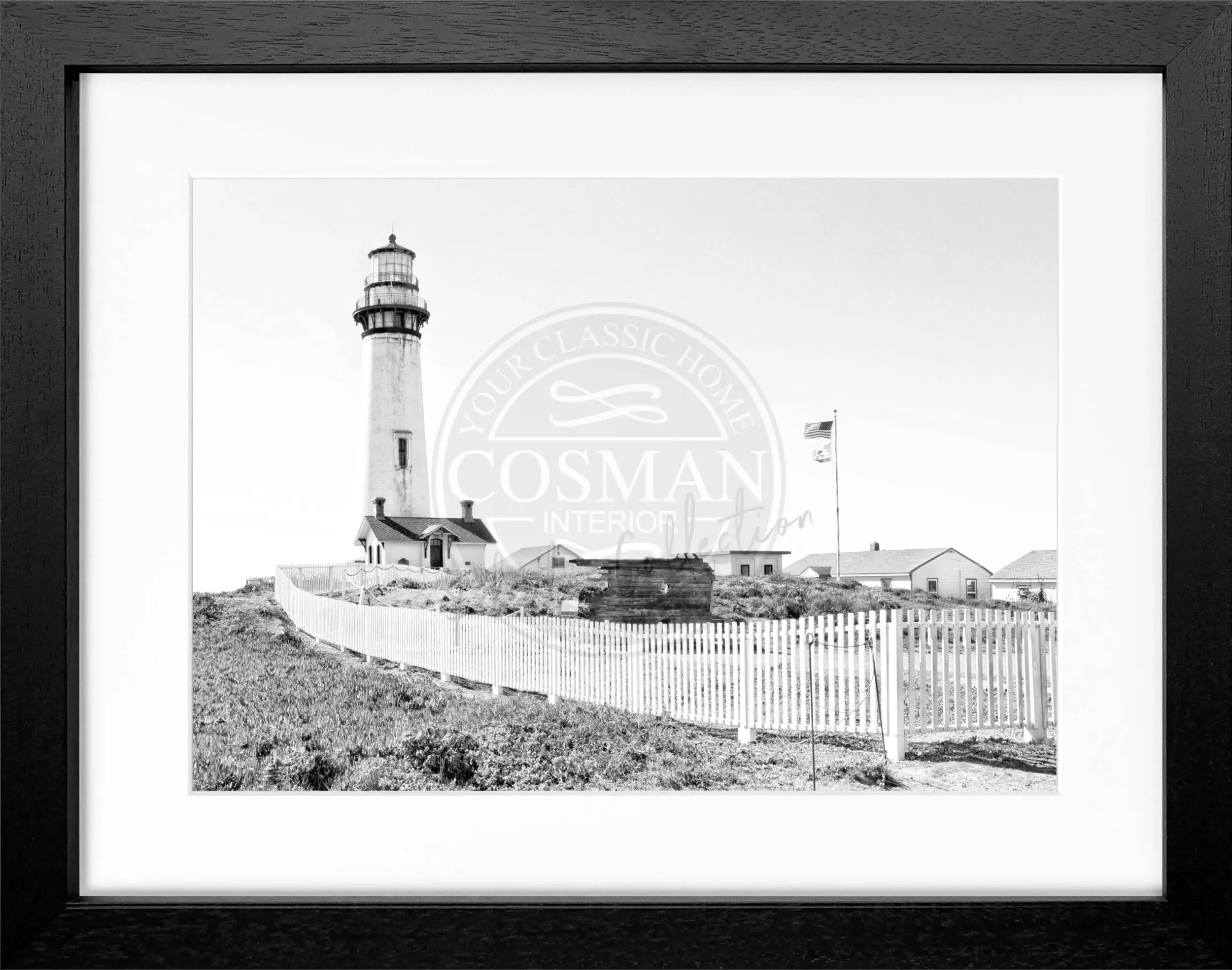 Schwarz-weiß Poster mit Rahmen, Kalifornien, Pigeon Point Leuchtturm, von Cosman-Photocollection, 31x25 cm.