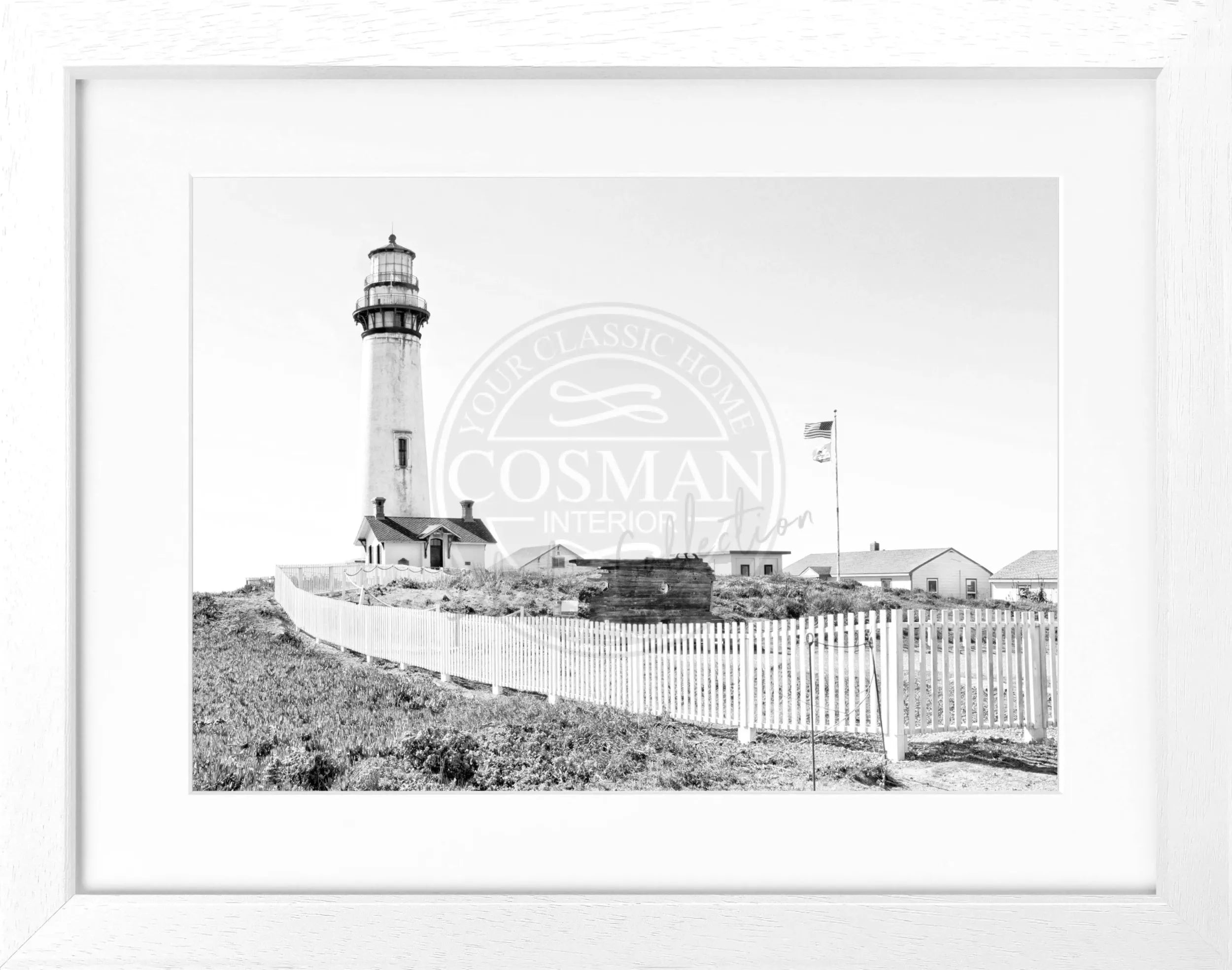 Schwarz-weiß Poster mit Rahmen, Kalifornien Lighthouse Pigeon Point, von Cosman-Photocollection, 31x25 cm, Meeresblick