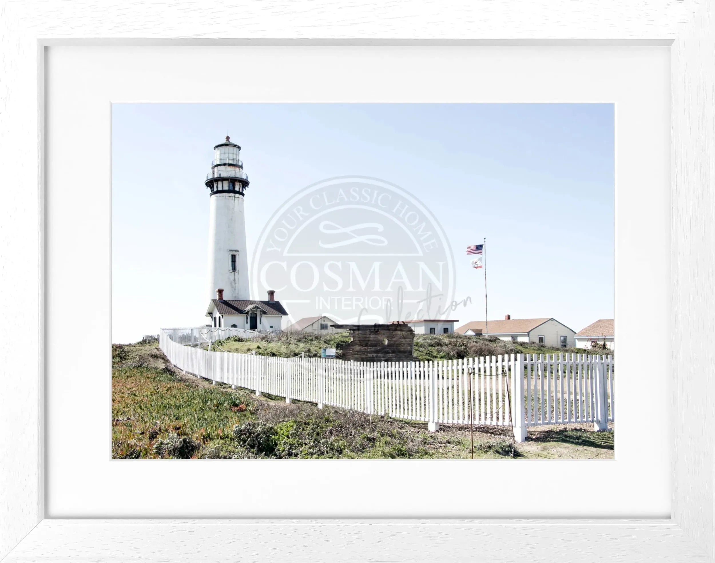 Schwarz-weiß Poster mit Rahmen von Kalifornien, Lighthouse Pigeon Point, von Cosman-Photocollection, 31x25 cm