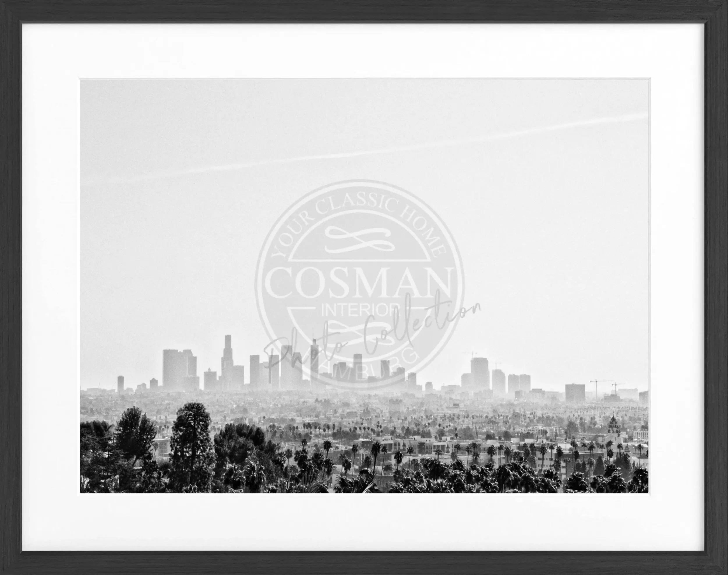 Schwarz-weiß Poster von Los Angeles Skyline mit Rahmen, 31x25 cm, von Cosman-Photocollection, wandfertig und dekorativ