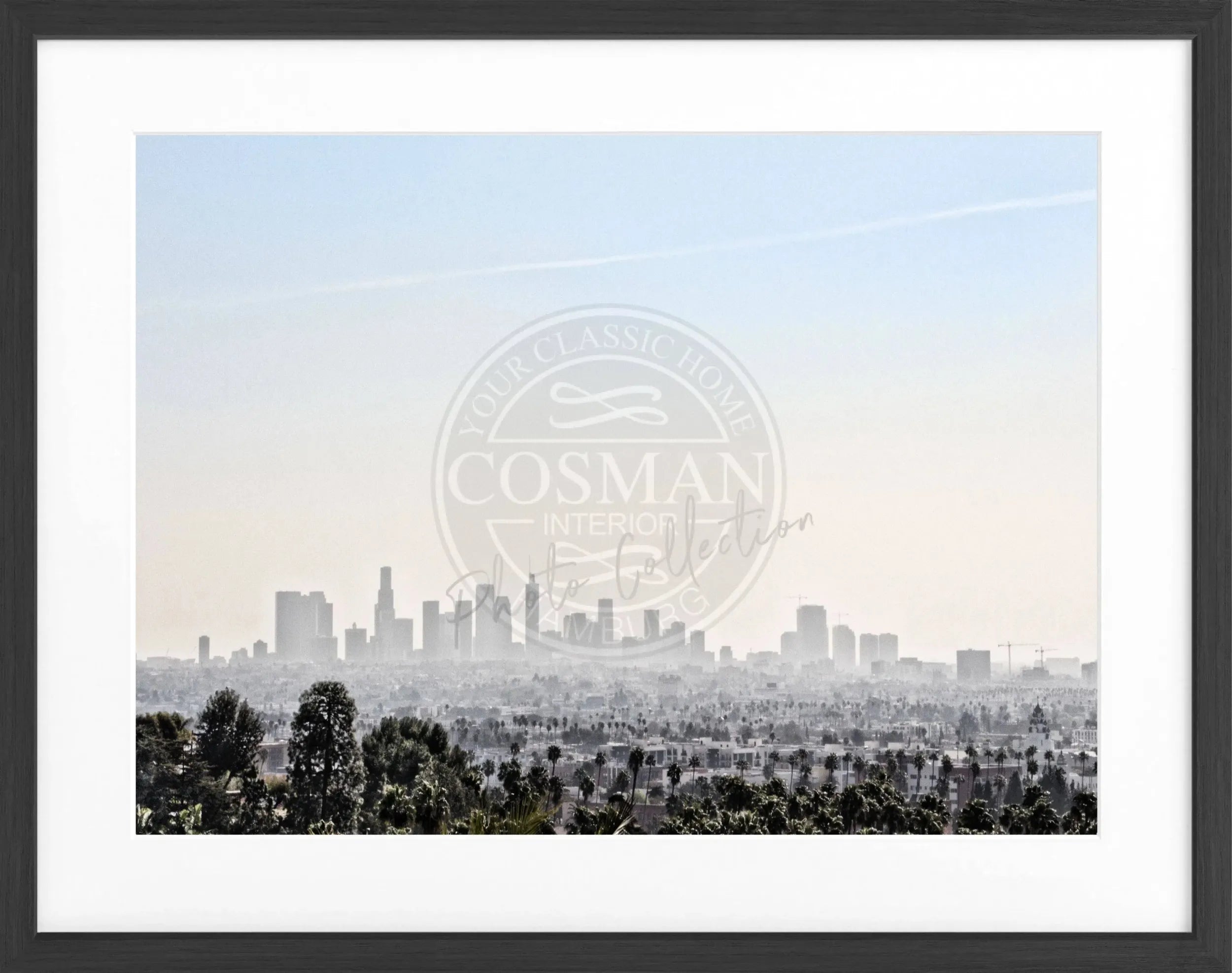 Schwarz-weiß Poster mit Rahmen von Cosman-Photocollection, Kalifornien Los Angeles Skyline, 31x25 cm, dekoratives Wandbild