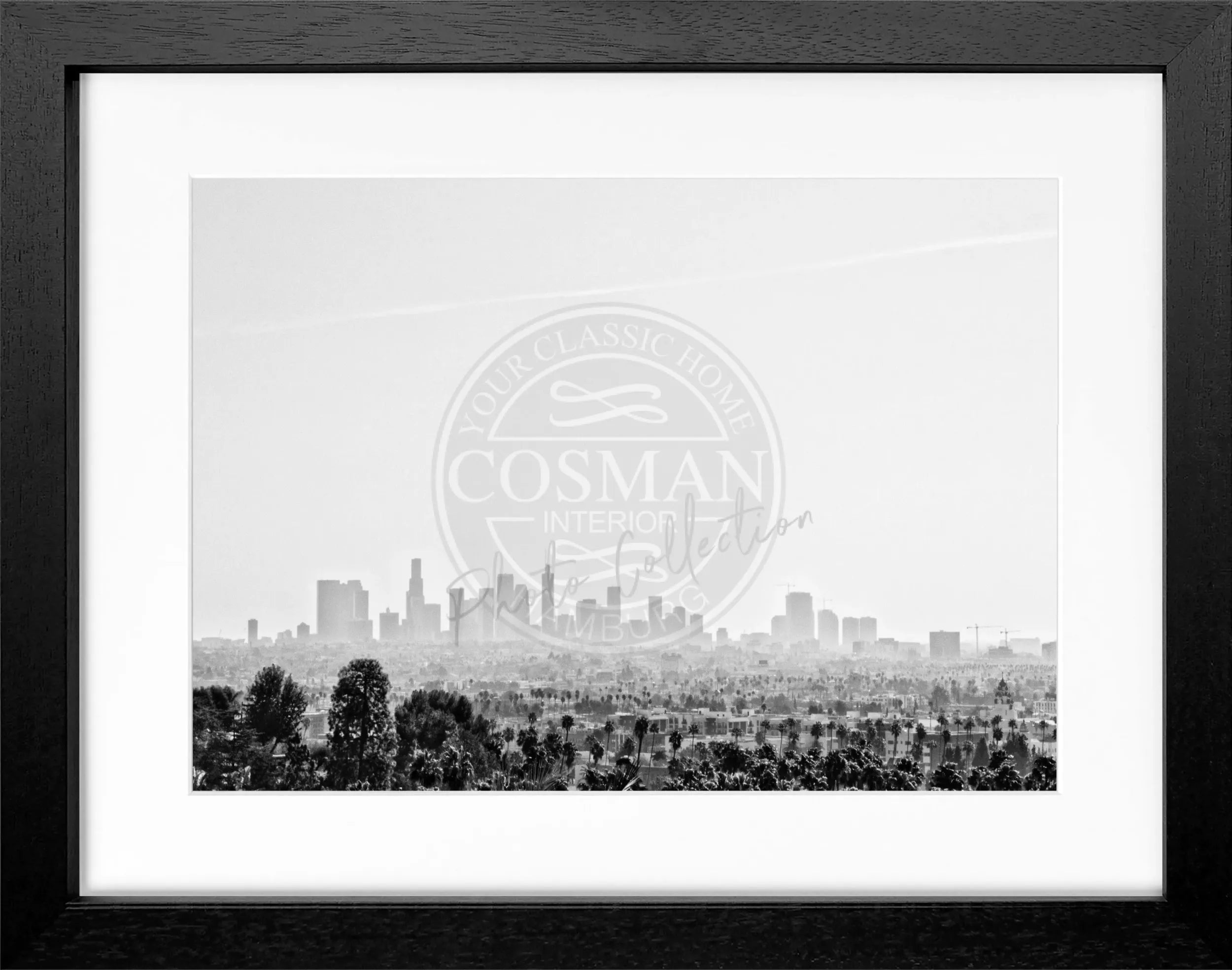 Schwarz-weiß Poster mit Rahmen von Cosman-Photocollection, Kalifornien Los Angeles Skyline, 31x25 cm, moderne Wanddekoration.