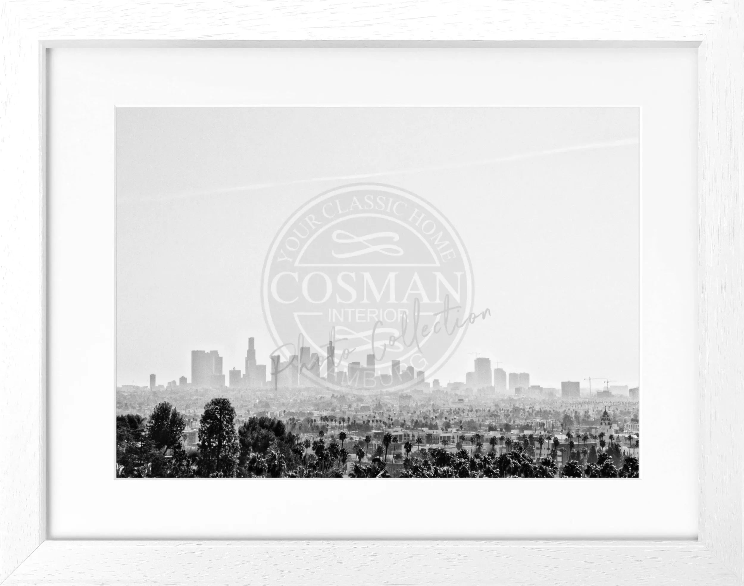 Schwarz-weiß Poster mit Rahmen von Cosman-Photocollection, Kalifornien Los Angeles Skyline, 31x25cm, Wanddekoration