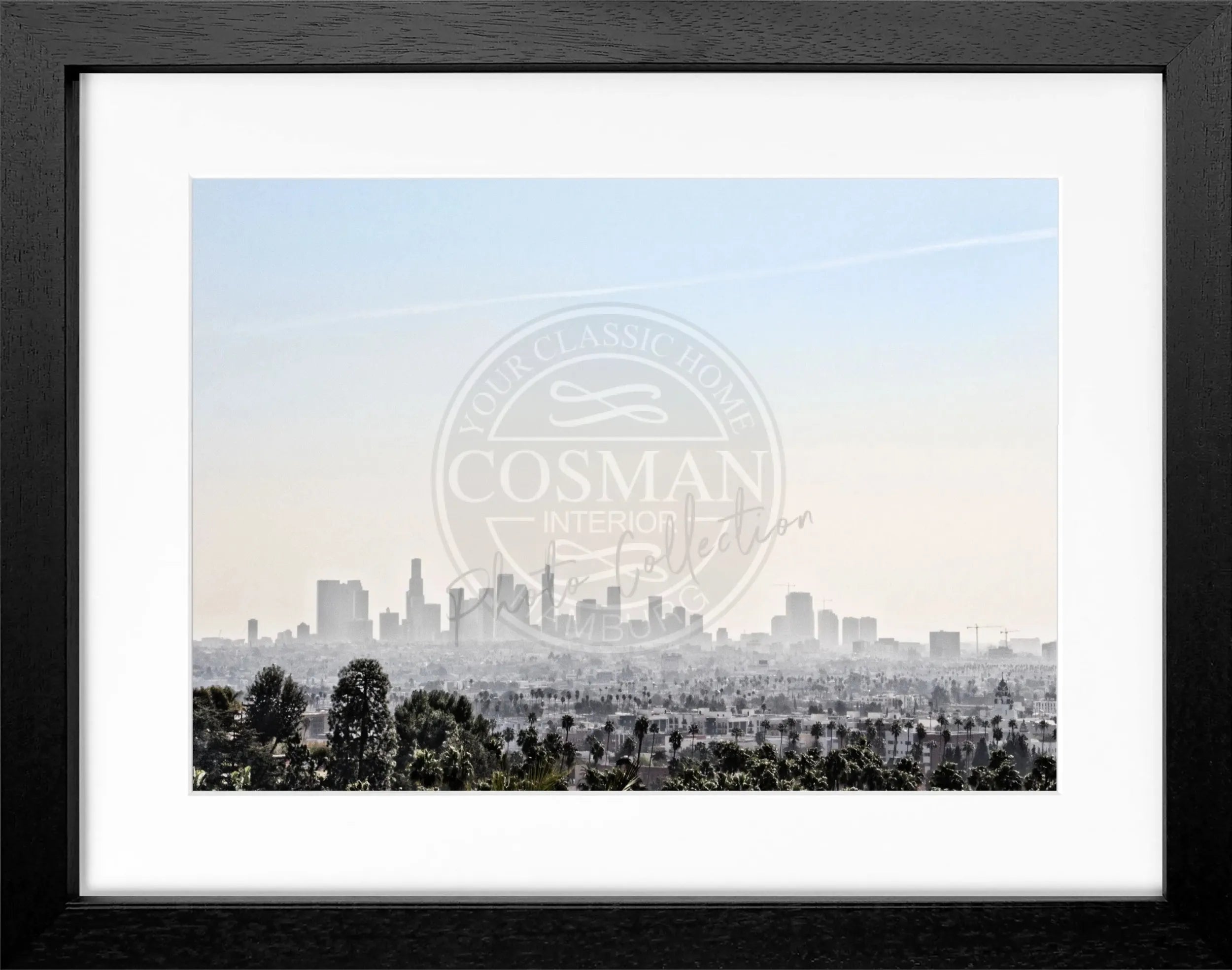 Schwarz-weiß Poster mit Rahmen von Cosman-Photocollection, Kalifornien Los Angeles Skyline, 31cm x 25cm, Wanddekoration