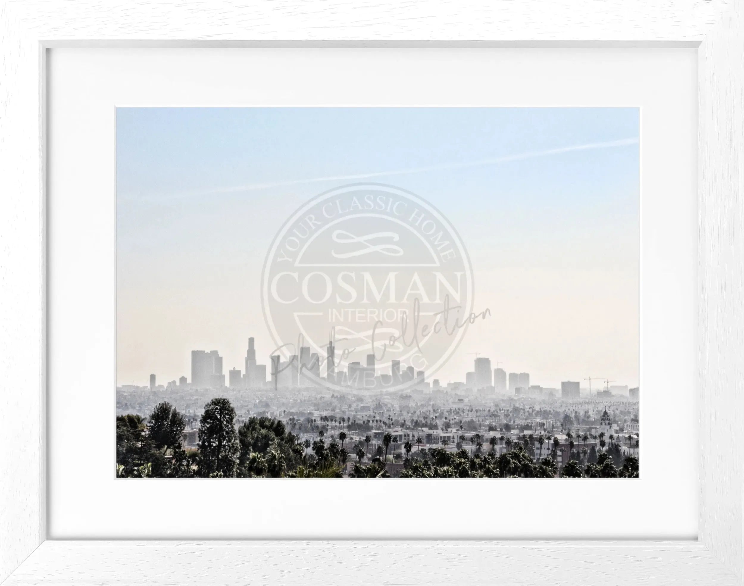 Schwarzer Poster mit Rahmen, Kalifornien Los Angeles Skyline, 31x25cm, von Cosman-Photocollection, Schwarz-Weiß-Motiv