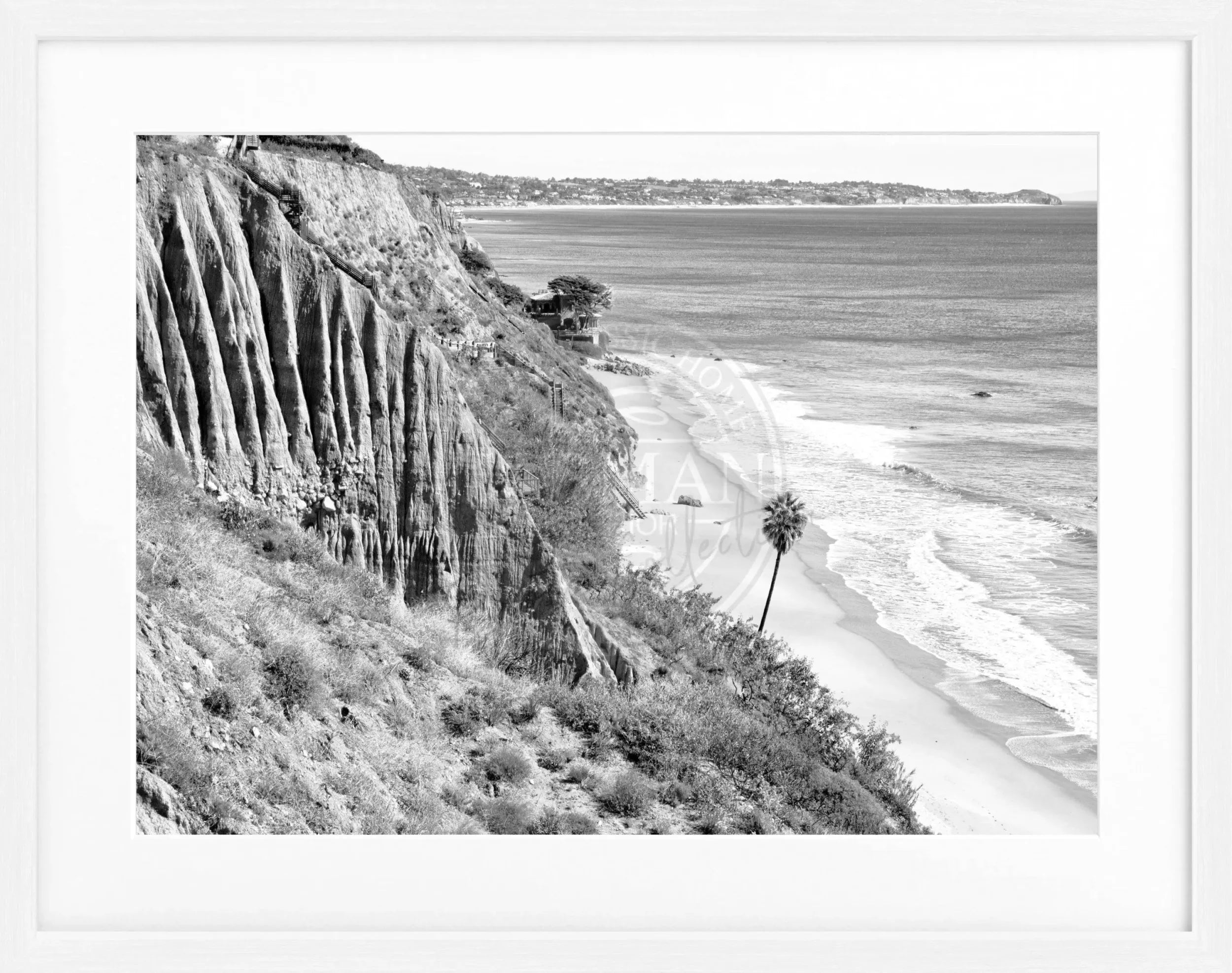 Schwarz-weißes Poster mit Rahmen, Kalifornien Malibu Motiv, 31x25cm, von Cosman-Photocollection, Wanddekoration