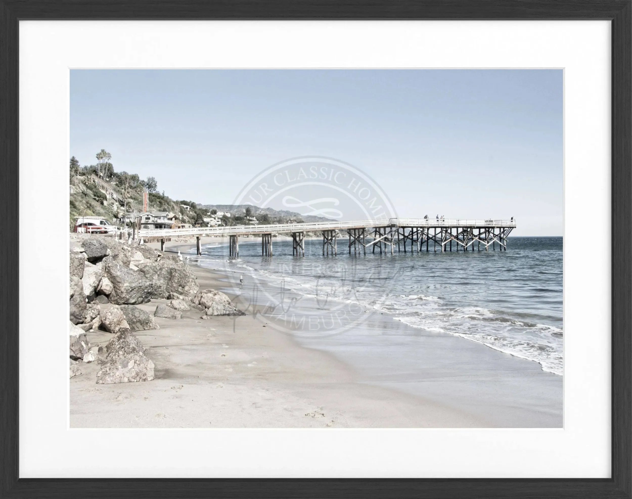 Schwarz-weiß Poster mit Rahmen, kalifornischer Malibu Pier, Cosman-Photocollection, 31x25cm, Kunstfotografie.