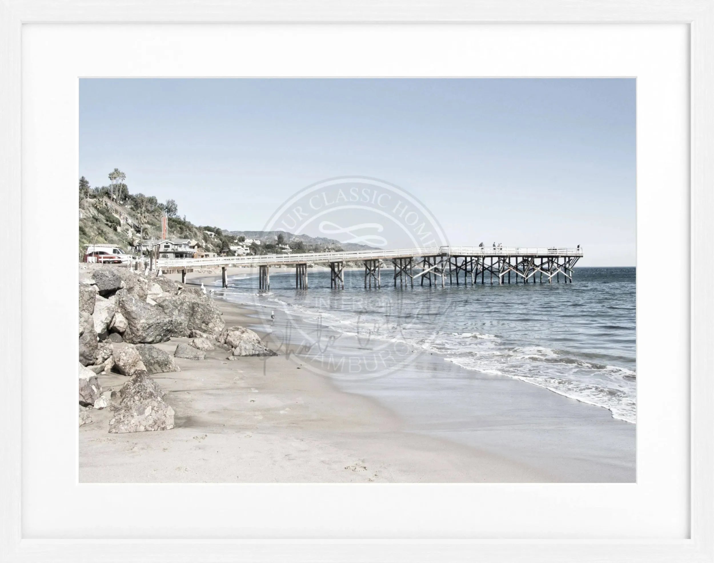 Schwarz-weißes Poster mit Rahmen, Kalifornien Malibu Pier, Cosman-Photocollection, 31x25cm, dekoratives Wandbild