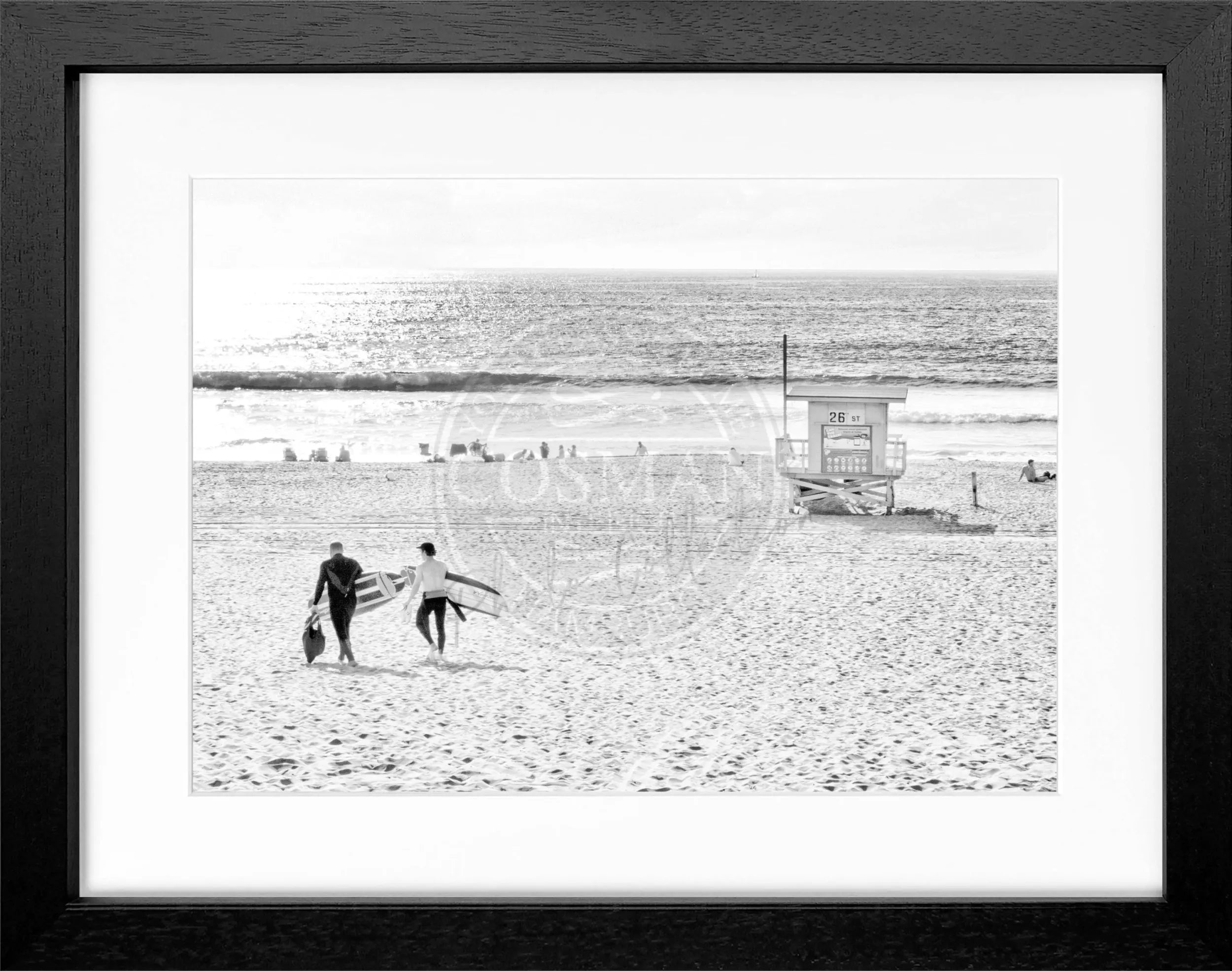 Schwarz-weiß Poster von Cosman-Photocollection mit Rahmen, zeigt Kalifornien Manhattan Beach, Motiv 31x25 cm.
