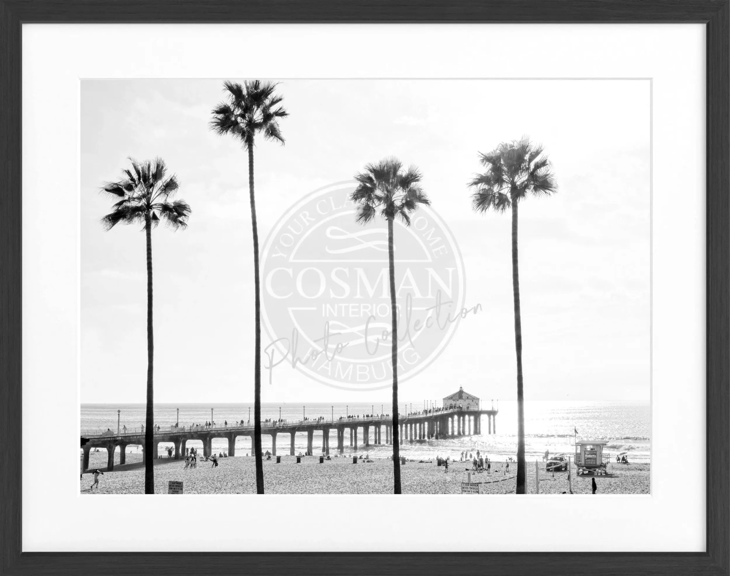 Schwarz-weiß Poster mit Rahmen von Cosman-Photocollection, Kalifornien Manhattan Beach, 31x25 cm, kunstvoller Meeresstrand-Motiv