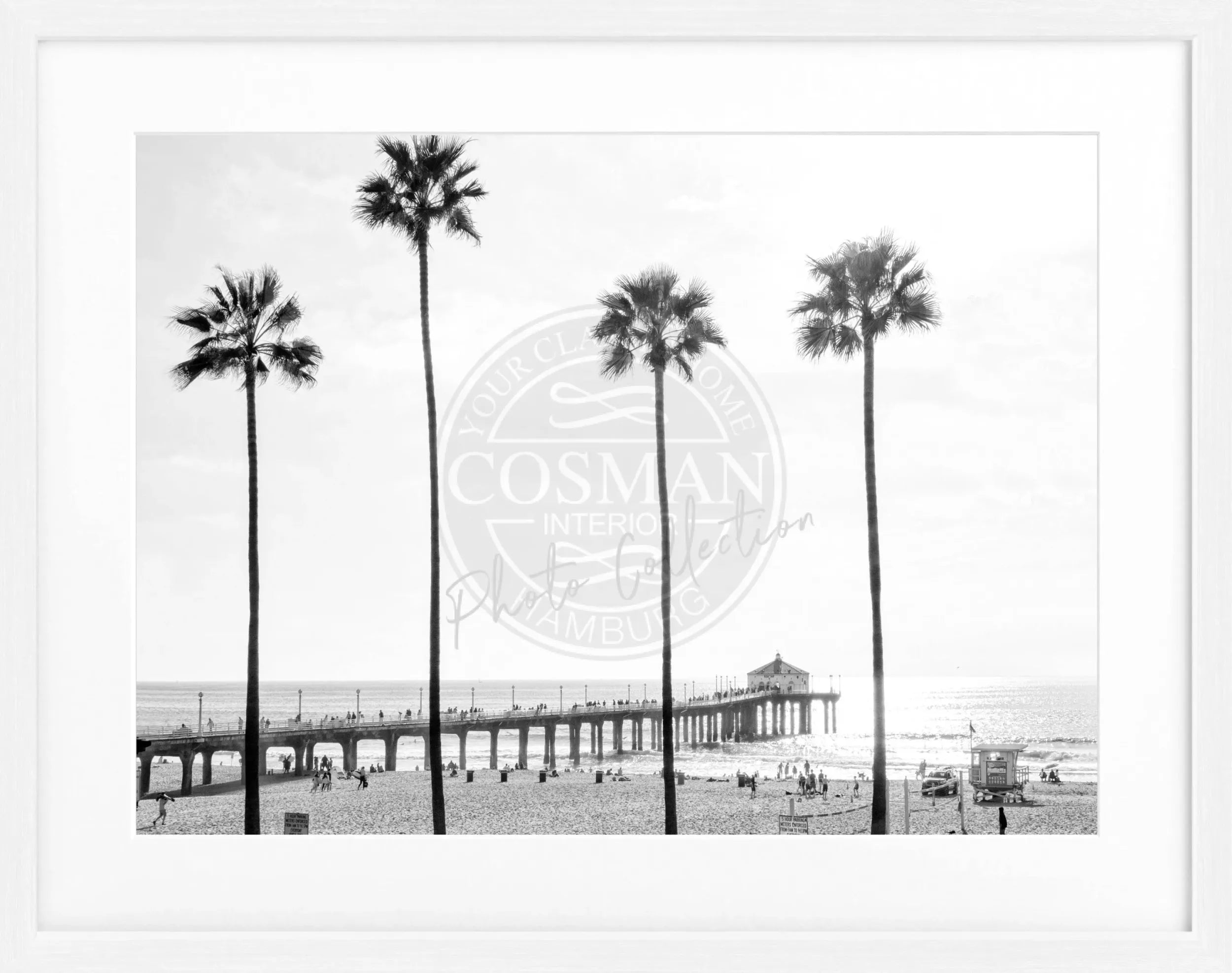 Schwarz-weiß Poster mit Rahmen von Manhattan Beach, Kalifornien, von Cosman-Photocollection, 31x25 cm, modernes Wandbild