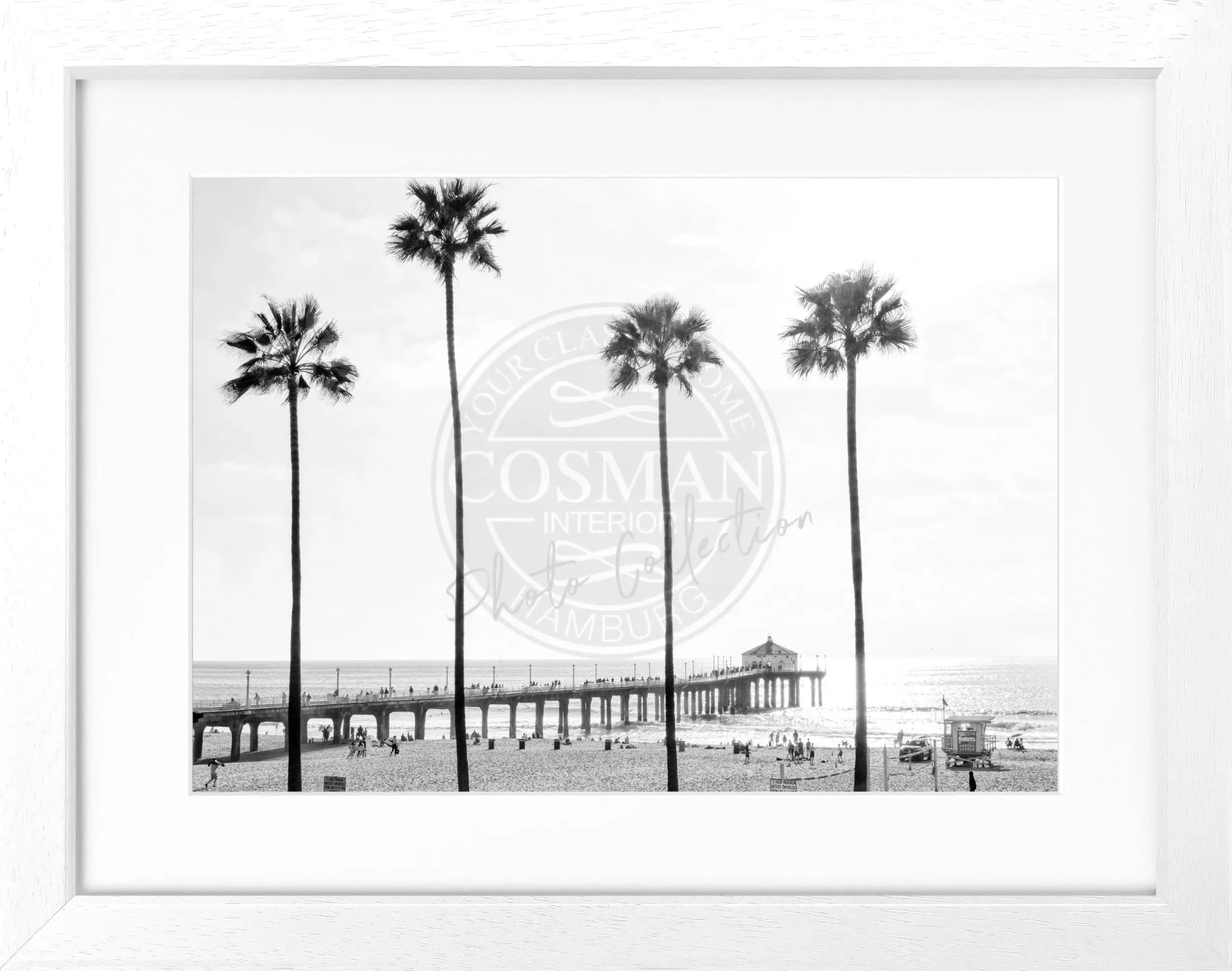 Schwarz-weiß Poster mit Rahmen von Cosman-Photocollection, Kalifornien Manhattan Beach, 31x25cm, Fotografie mit Strandmotiv