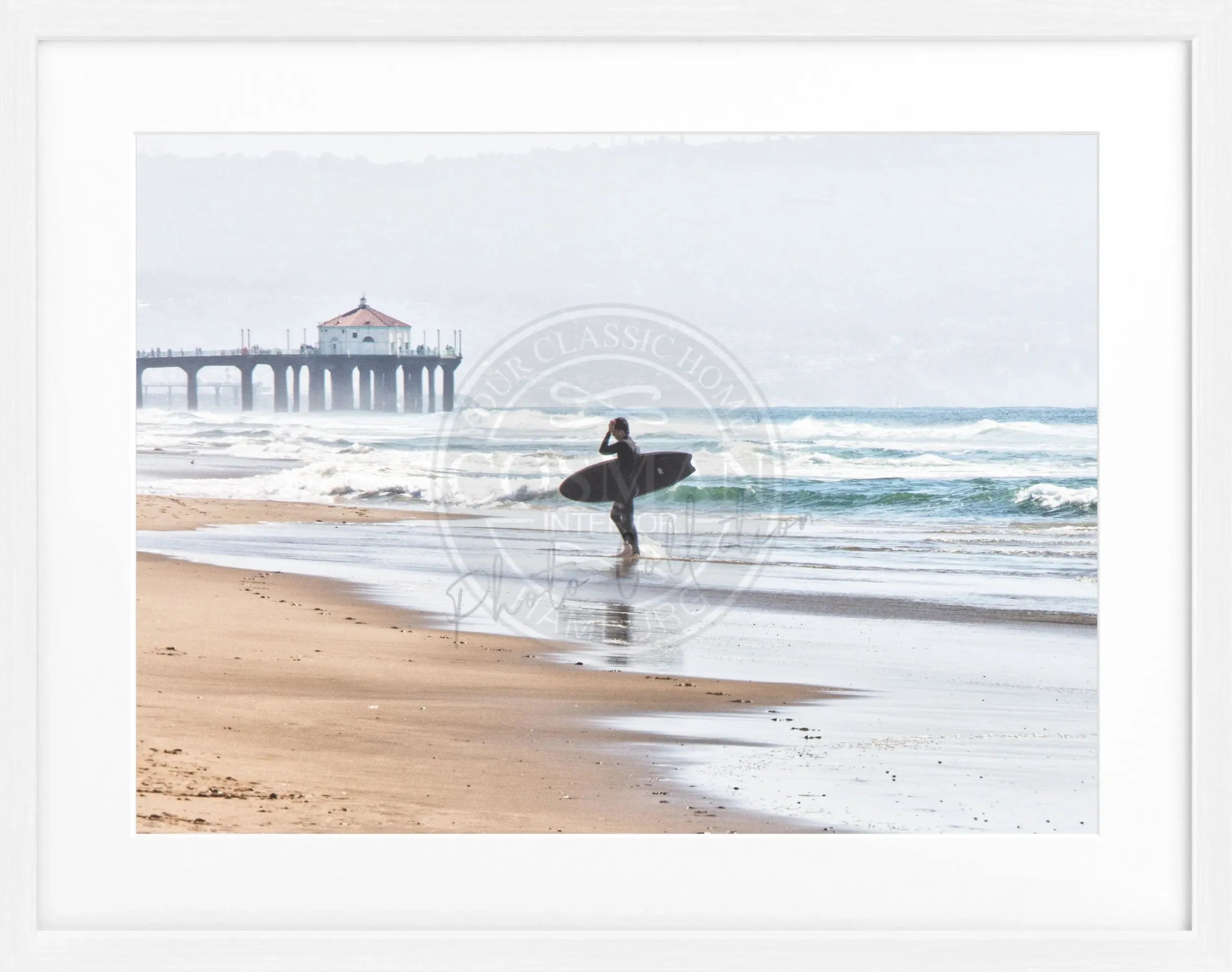 Schwarz-weiß Poster mit Rahmen, Kalifornien Manhattan Beach Surfer, Cosman-Photocollection, 31x25cm, Wanddekoration