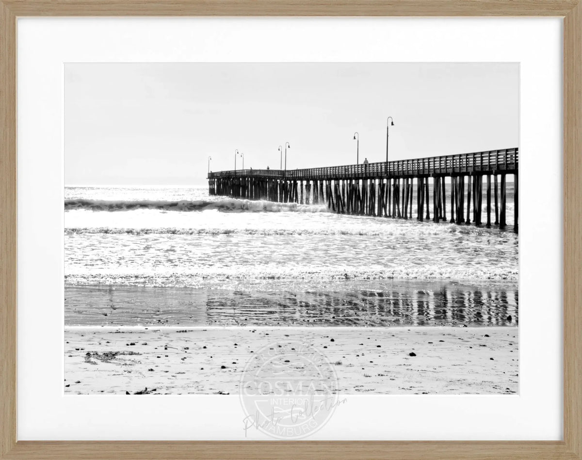 Schwarz-weißes Poster mit Rahmen, Kalifornien Pier Motiv, von Cosman-Photocollection, 31x25cm, Wanddekoration mit Meeresblick