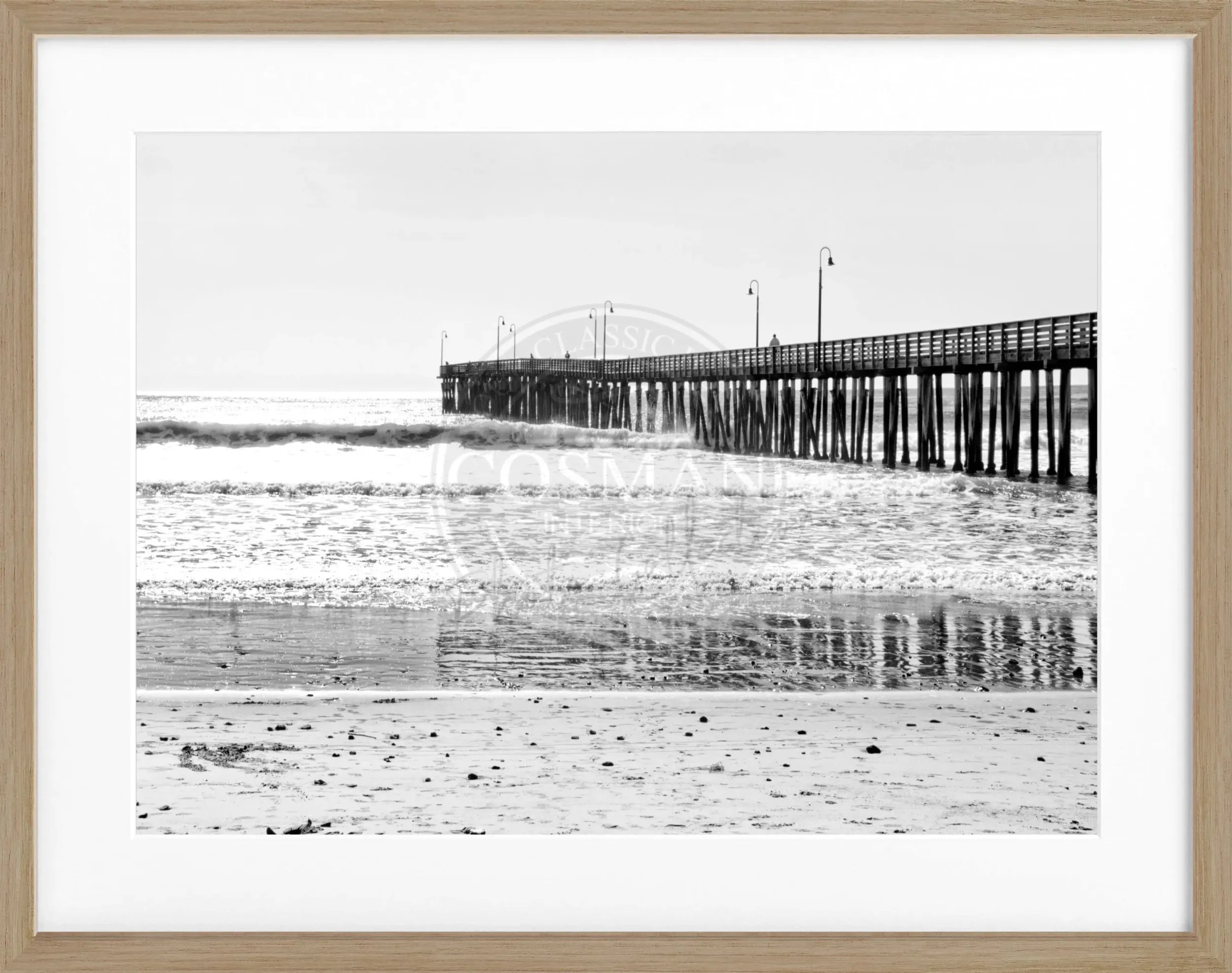 Schwarz-weißes Poster mit Rahmen, Kalifornien Pier Motiv, von Cosman-Photocollection, 31x25cm, Wanddekoration mit Meeresblick