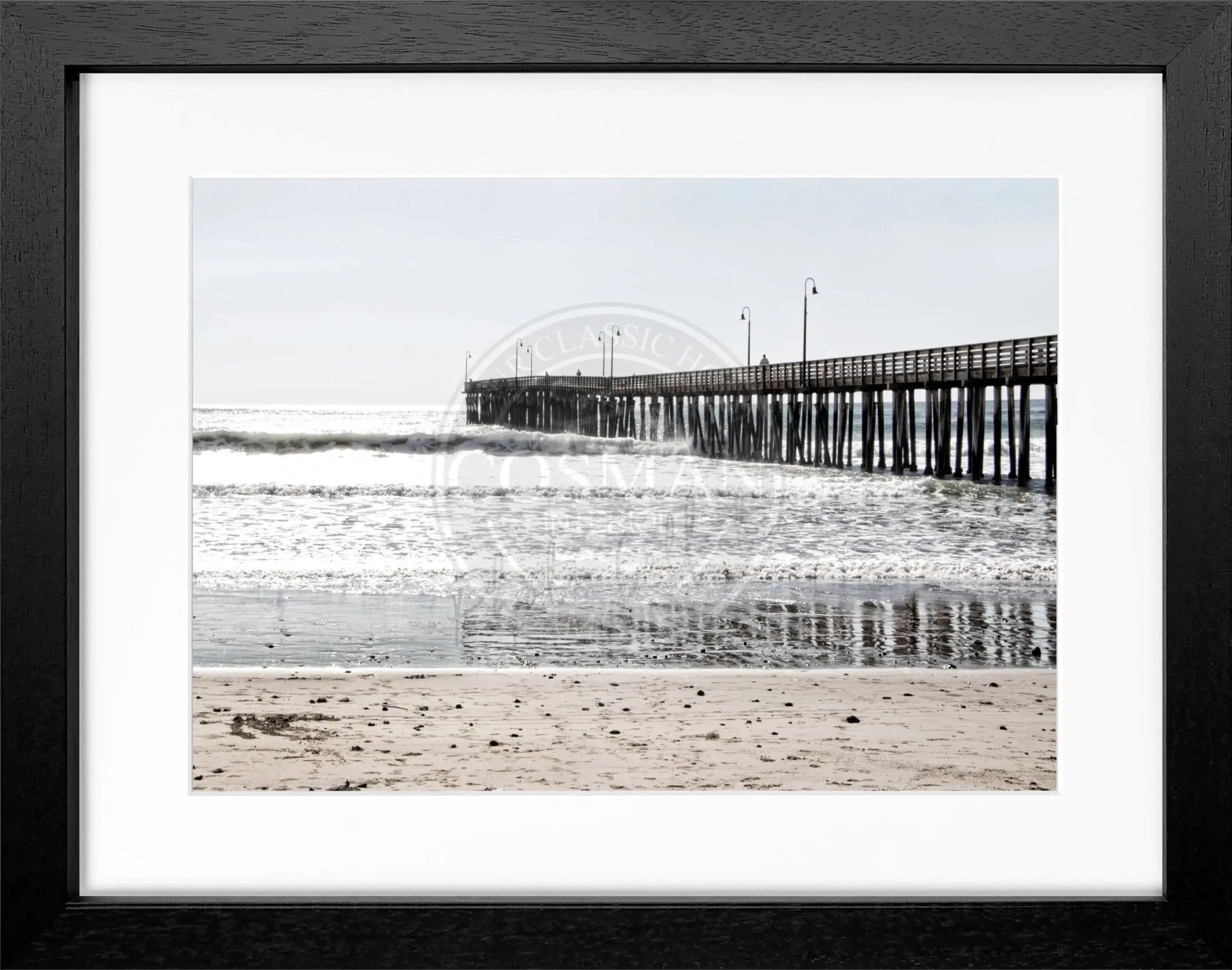 Schwarz-weiß Poster mit Rahmen von Kalifornien ’Pier’ von Cosman-Photocollection, 31x25cm, Wanddekoration mit Meeresmotiv