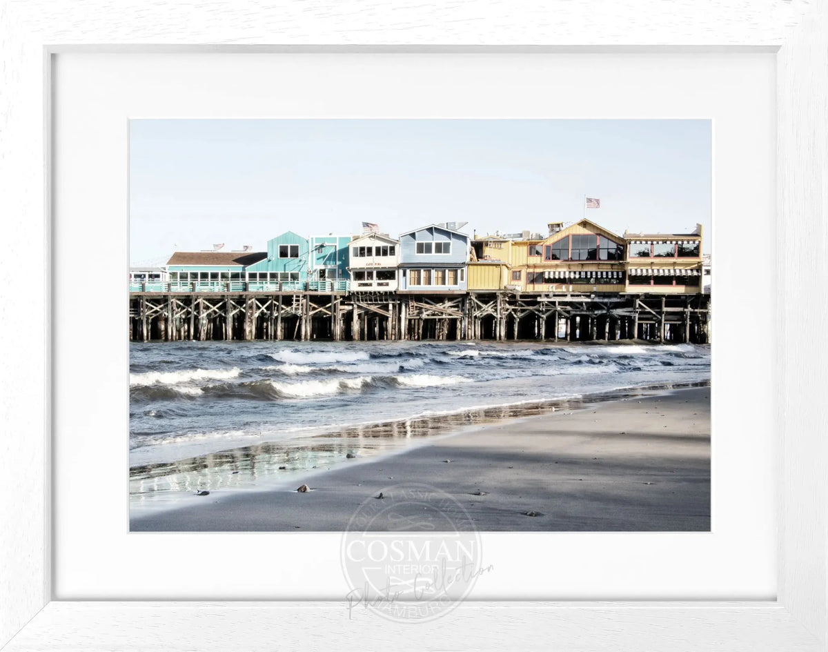 Schwarz-weiß Poster mit Rahmen von Cosman-Photocollection, Kalifornien Pier Monterey, 31x25cm, Bild mit Strand und Meeresblick