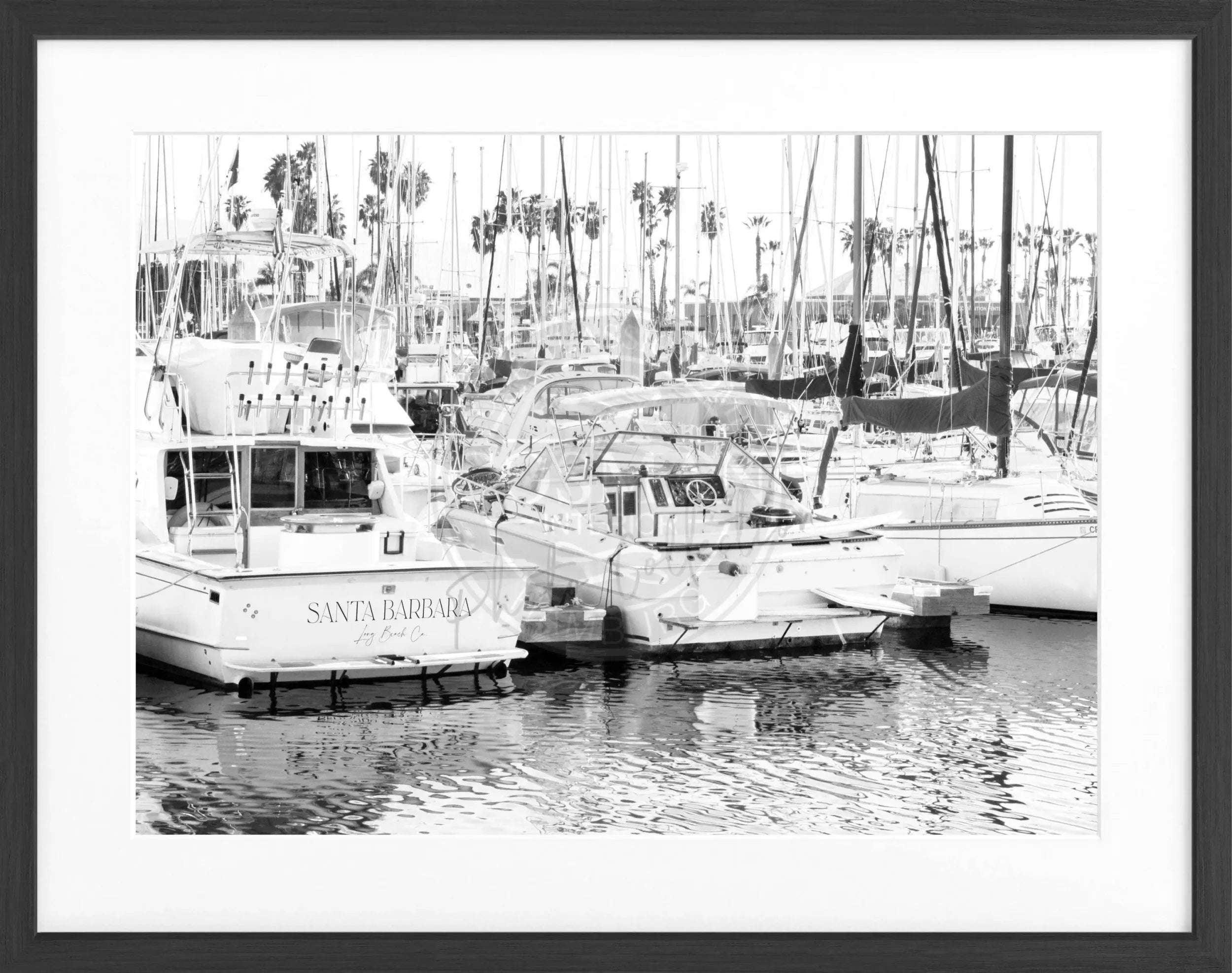 Schwarz-weiß Poster mit Rahmen, Kalifornien Santa Barbara, mit Boot-Motiv, von Cosman-Photocollection, 31x25 cm