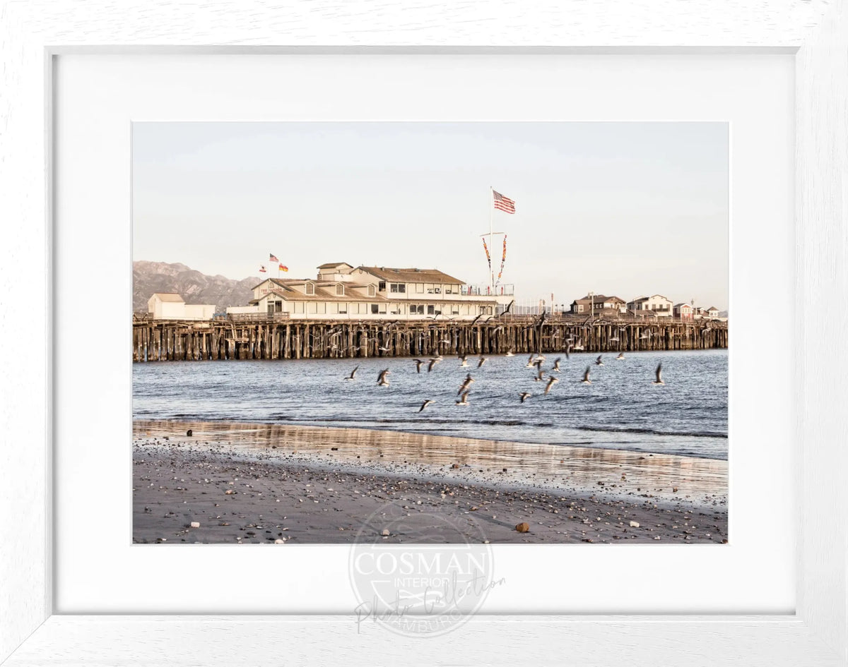 Schwarz-weiß Poster mit Rahmen, Kalifornien Santa Barbara Pier, von Cosman-Photocollection, 31x25 cm, Wanddekoration