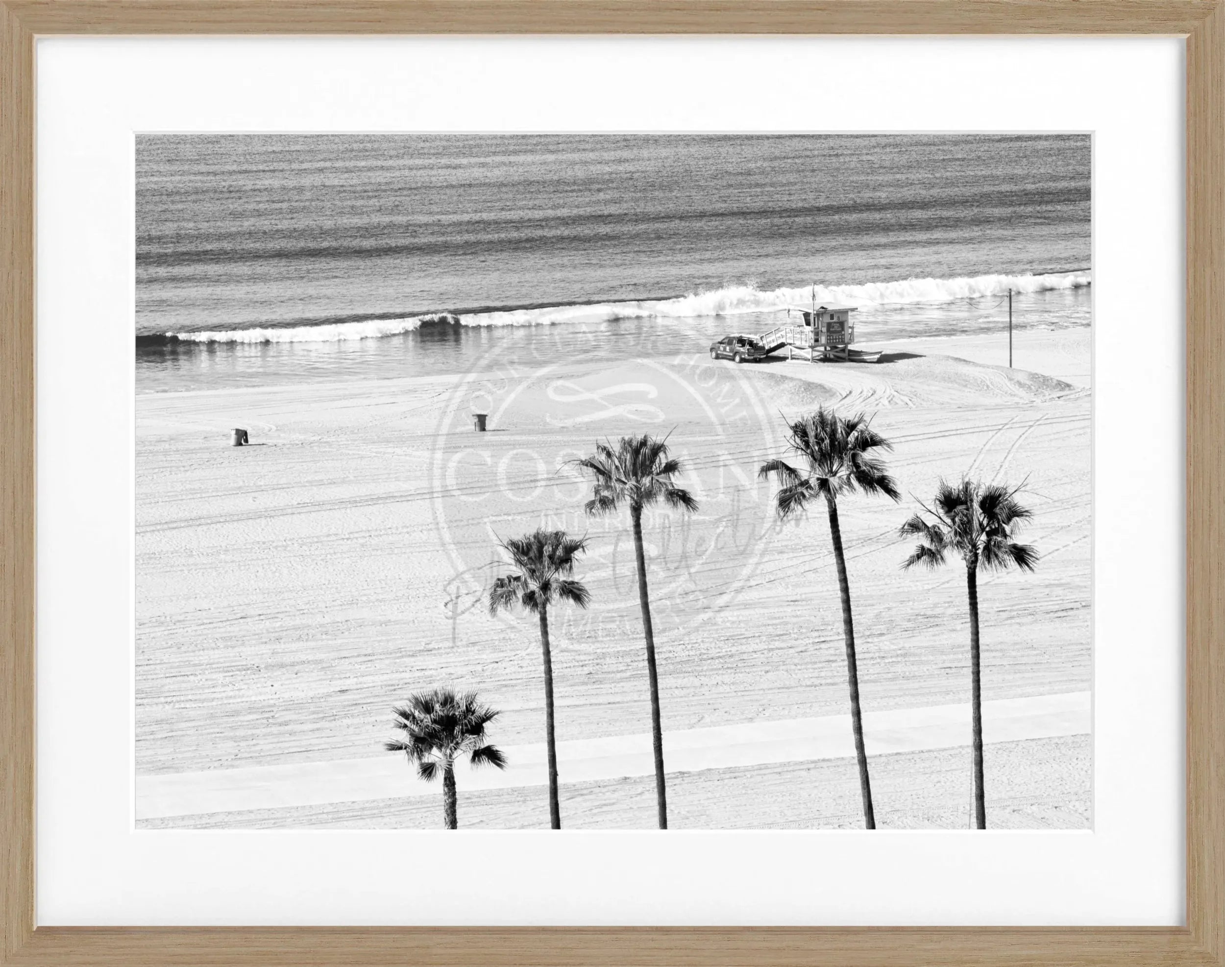 Schwarz-Weiß Poster mit Rahmen von Cosman-Photocollection, Kalifornien Santa Monica Beach, 31x25 cm, Strandmotiv.