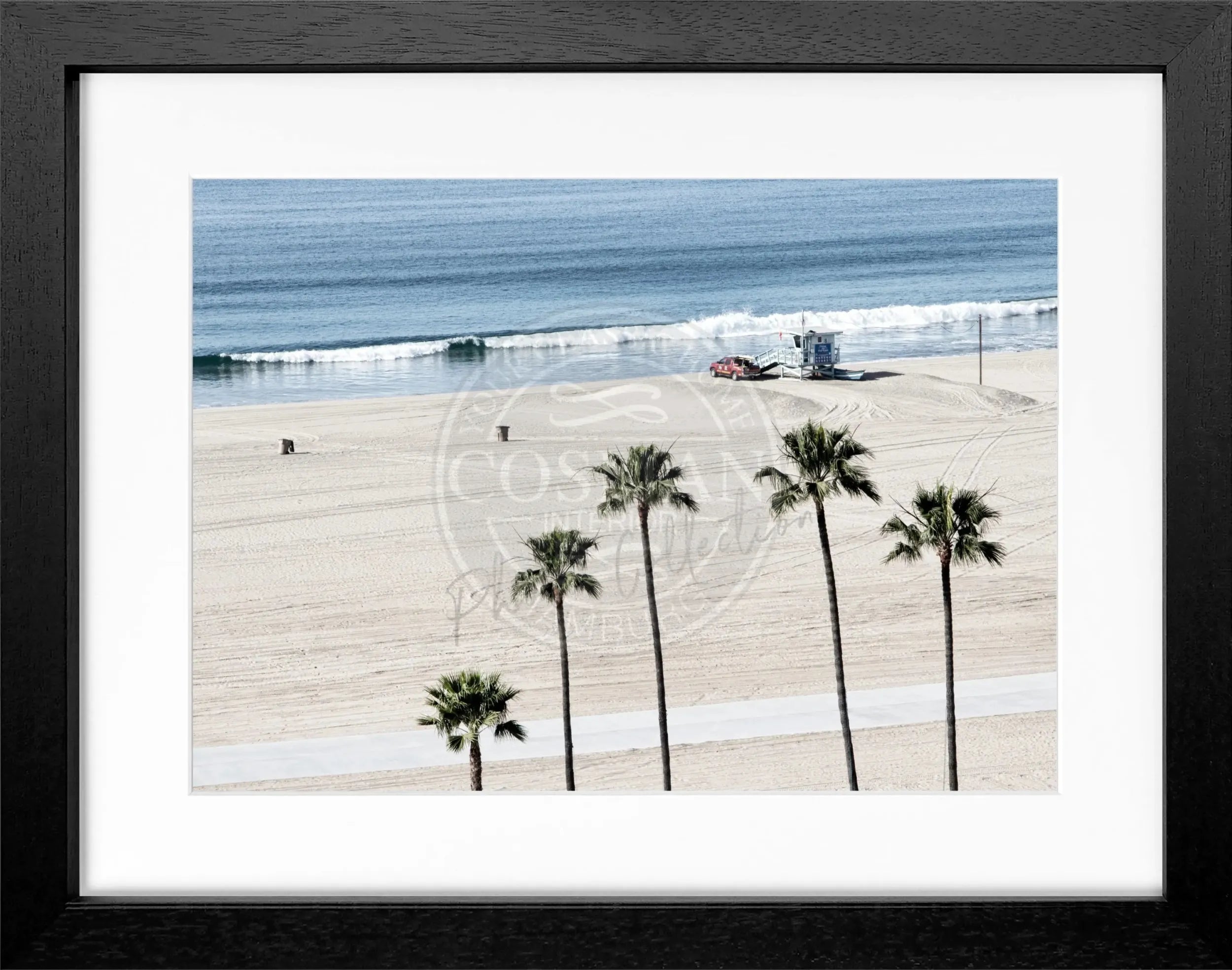 Schwarz-weiß Poster mit Rahmen, Kalifornien Santa Monica Beach, von Cosman-Photocollection, 31x25 cm, Wanddekoration