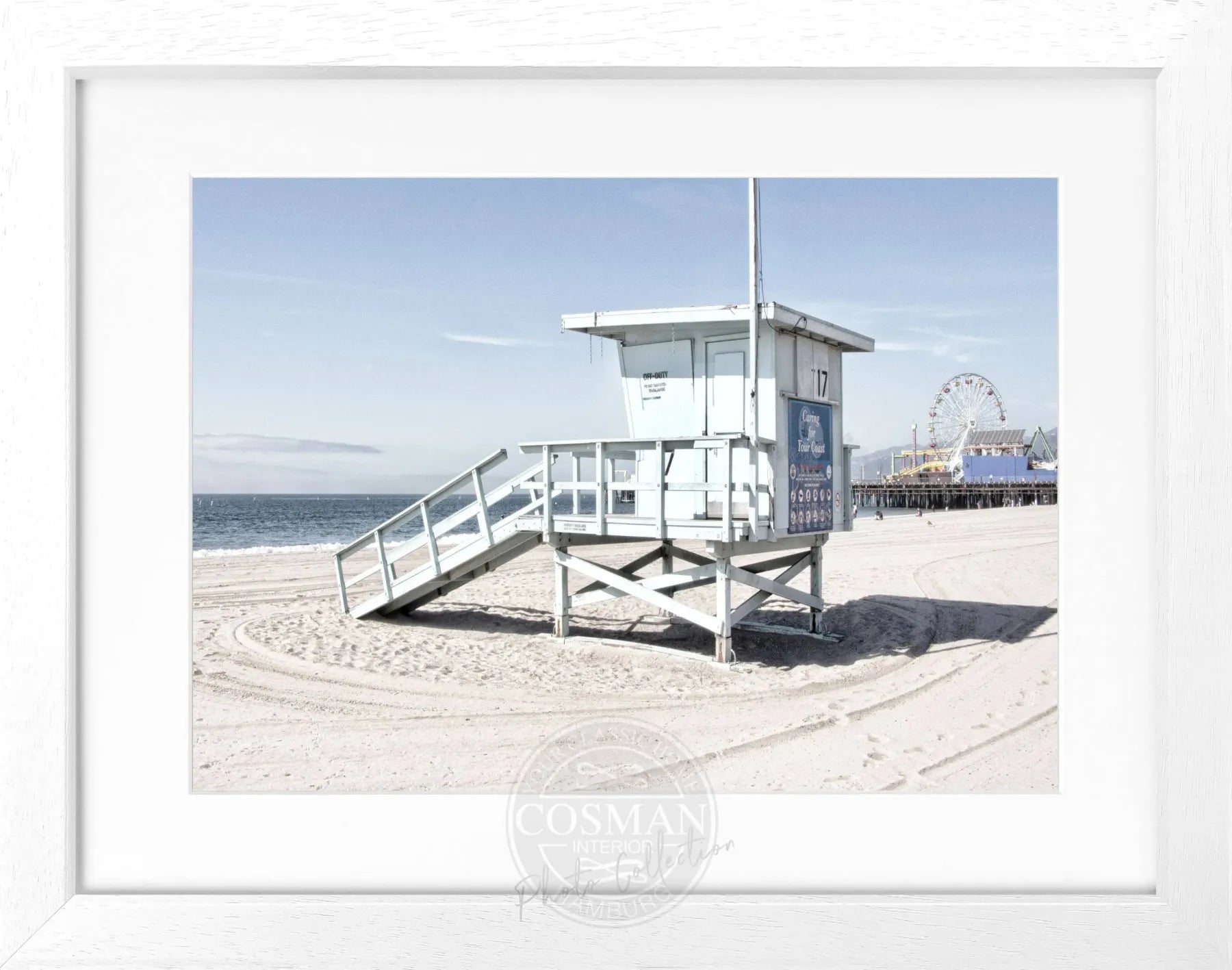 Schwarz-weiß Poster mit Rahmen von Cosman-Photocollection, Santa Monica Beach Lifeguard Motiv, 31x25 cm