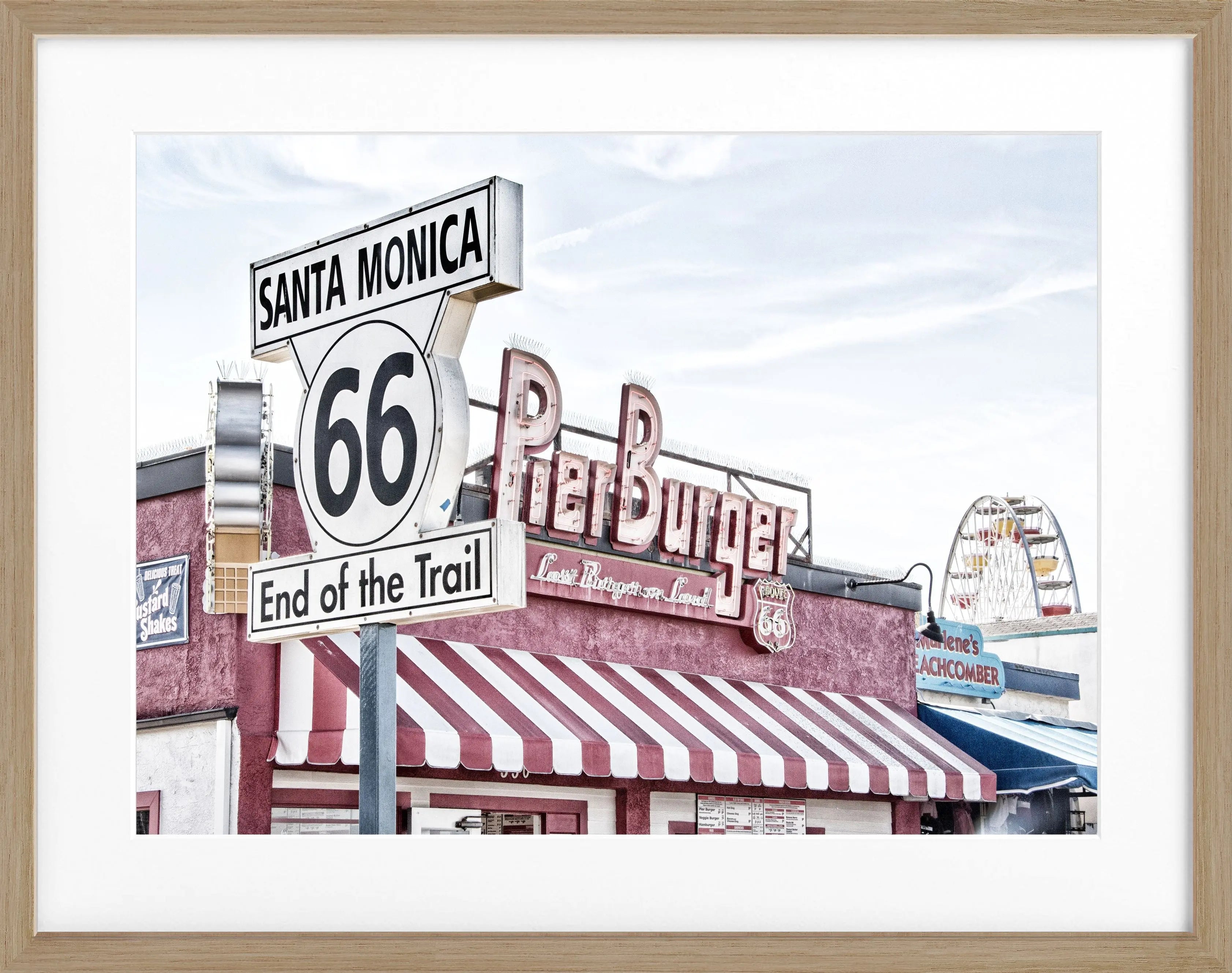 Schwarz-weiß Poster mit Rahmen von Kalifornien Santa Monica Pier, 31x25cm, von Cosman-Photocollection.