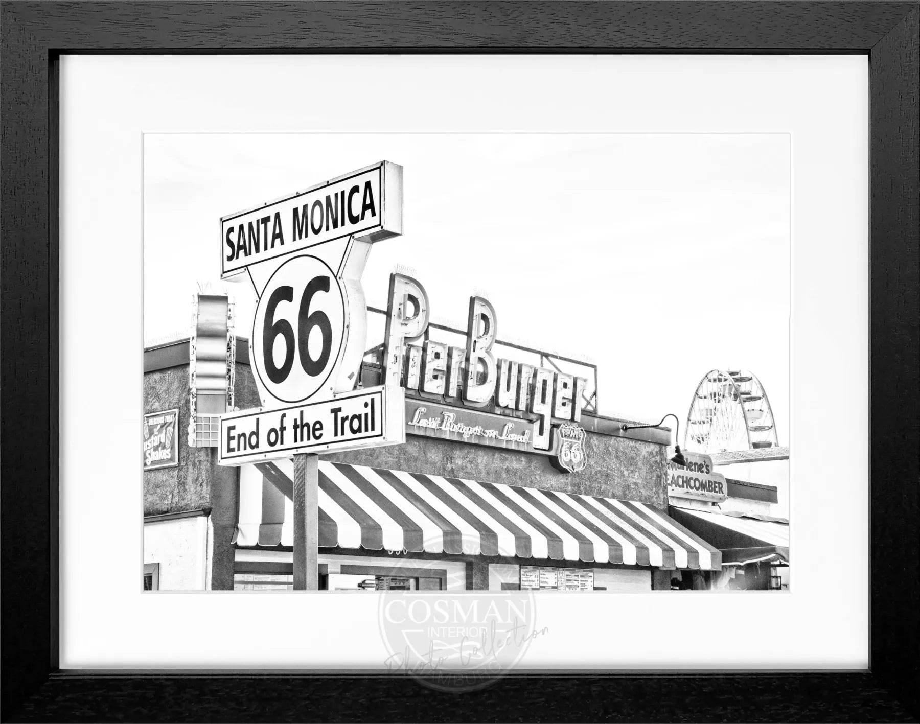Schwarz-weiß Poster mit Rahmen, Kalifornien Santa Monica Pier, von Cosman-Photocollection, 31x25 cm, Wanddekoration