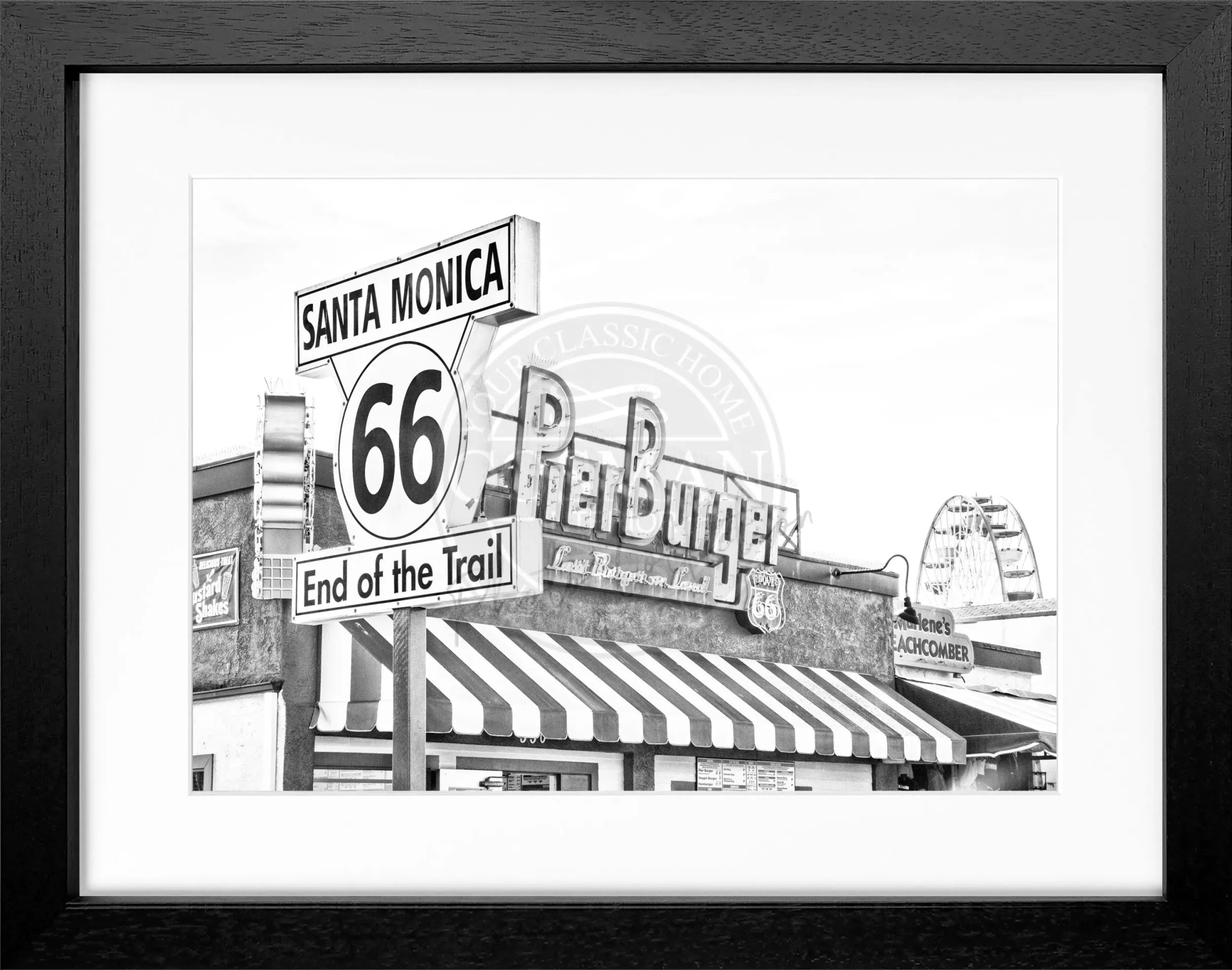 Schwarz-weiß Poster mit Rahmen, Kalifornien Santa Monica Pier, von Cosman-Photocollection, 31x25 cm, Wanddekoration
