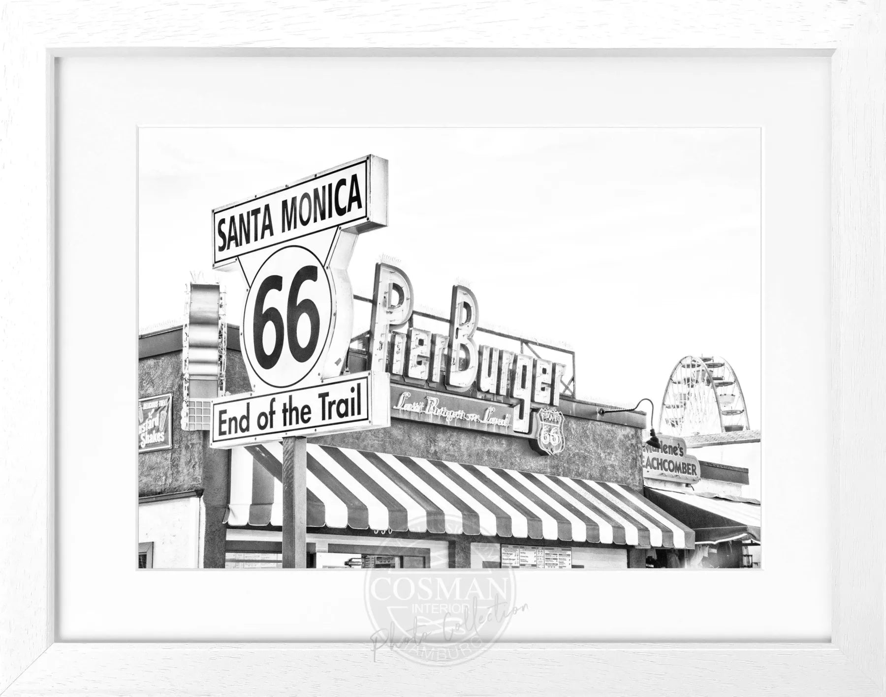 Schwarz-weiß Poster mit Rahmen von Cosman-Photocollection, Kalifornien Santa Monica Pier, 31x25 cm, Wanddekoration