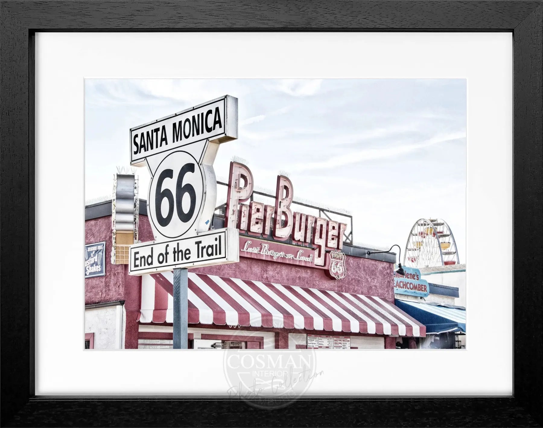Schwarz-weiß Poster mit Rahmen von Cosman-Photocollection, Kalifornien Santa Monica Pier, 31x25 cm, kunstvolles Wandbild