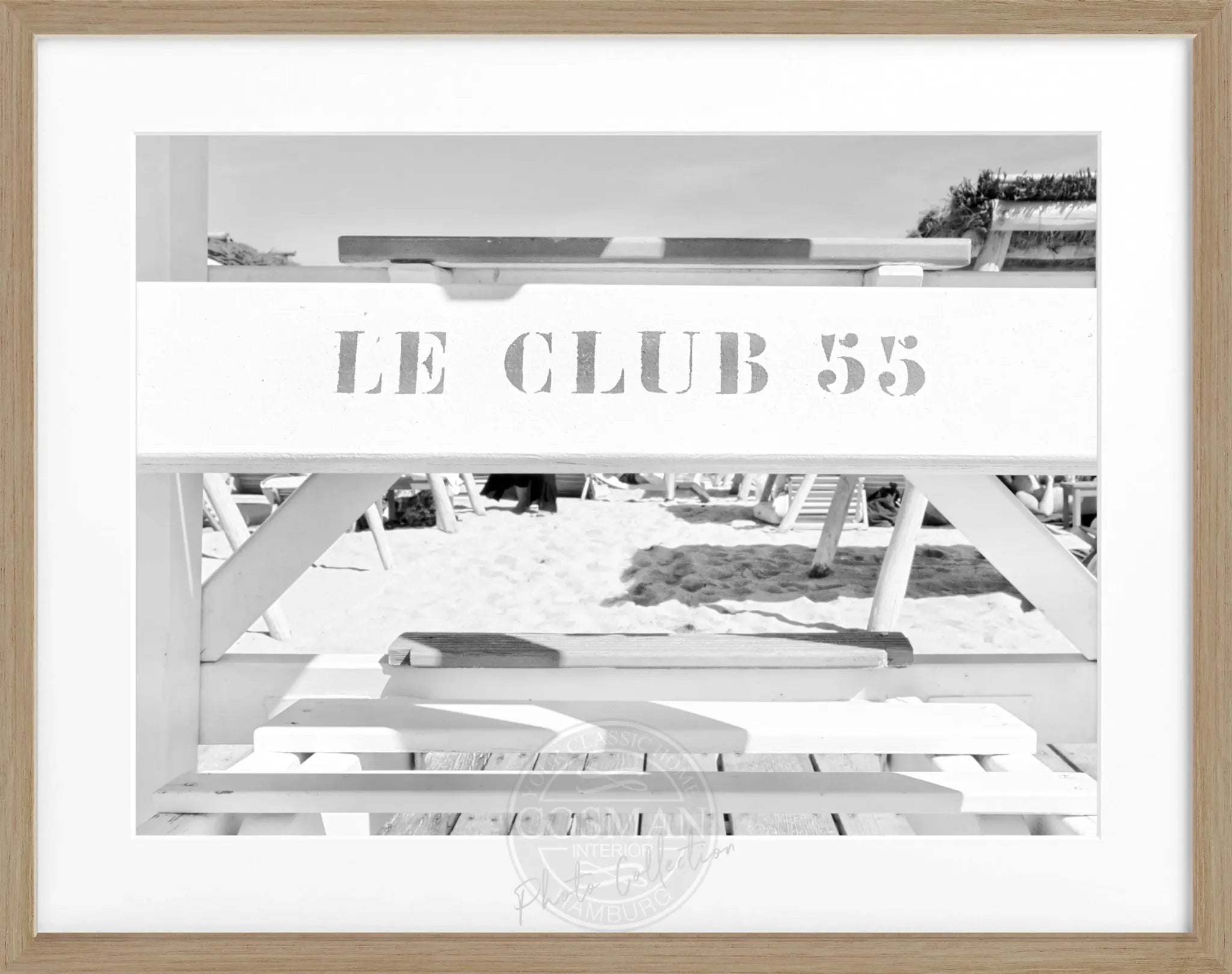 Schwarz-weiß Poster mit Rahmen ’Le Club 55’ Saint Tropez, von Cosman-Photocollection, 31x25 cm, stilvolle Wanddekoration