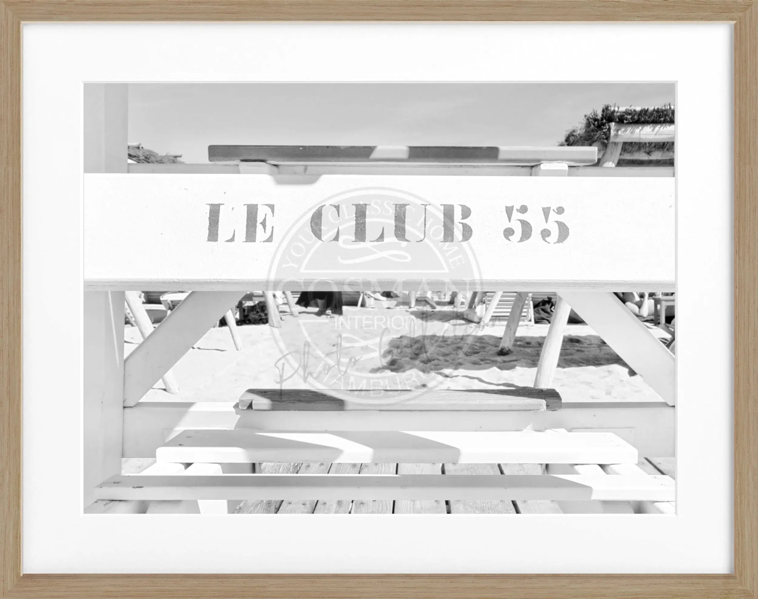 Schwarz-weiß Poster mit Rahmen ’Le Club 55’ Saint Tropez, von Cosman-Photocollection, 31x25 cm, stilvolle Wanddekoration