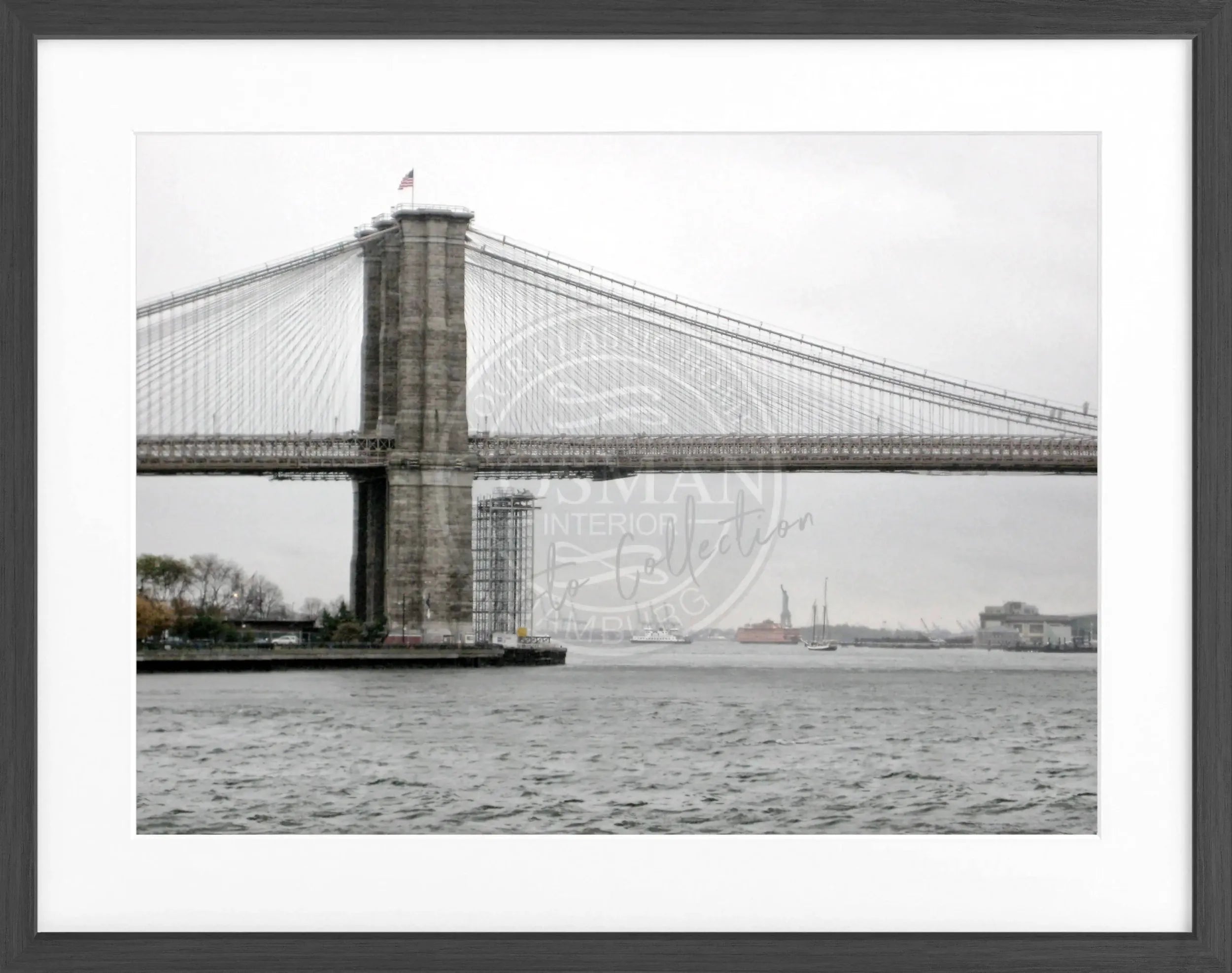 Schwarz-weiß Poster mit Rahmen von Cosman-Photocollection, New York Brooklyn Bridge, 31x25cm, Fotokunst für Wanddekoration
