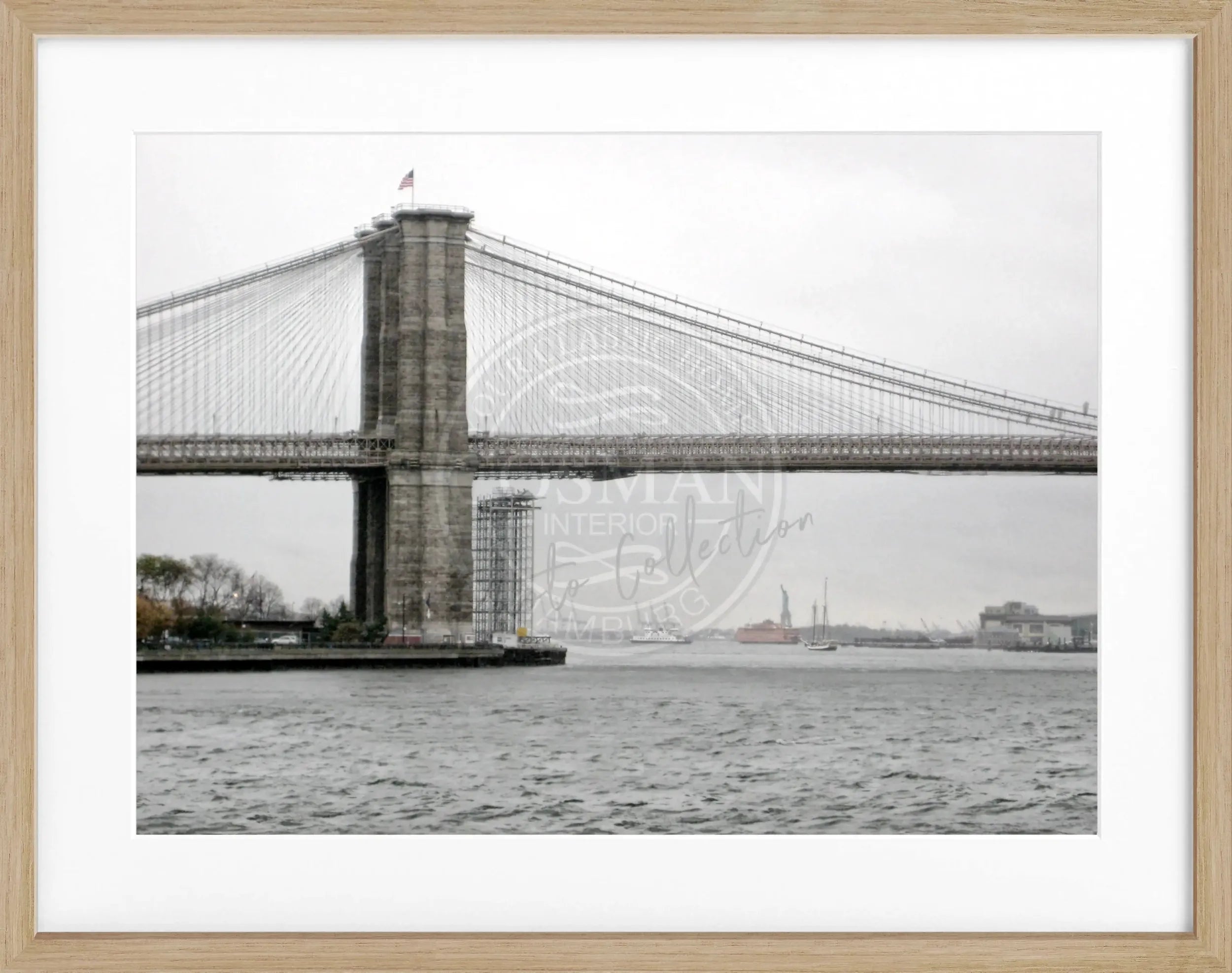 Schwarz-weiß Poster mit Rahmen, New York Brooklyn Bridge Motiv, von Cosman-Photocollection, 31x25 cm