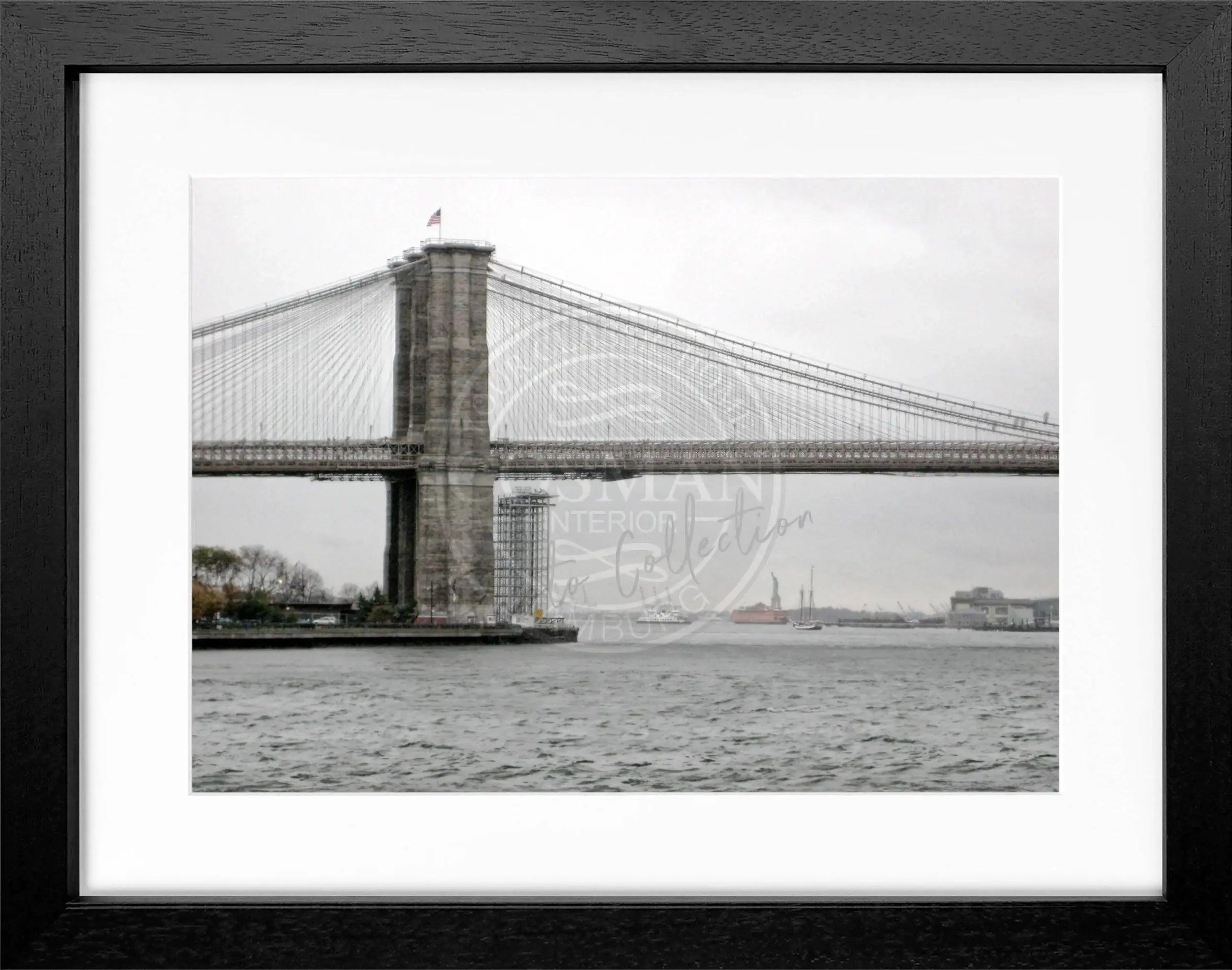 Schwarz-weiß Poster mit Rahmen von Cosman-Photocollection, Brooklyn Bridge Motiv, 31x25cm, ideal für Wanddekoration in New York Stil