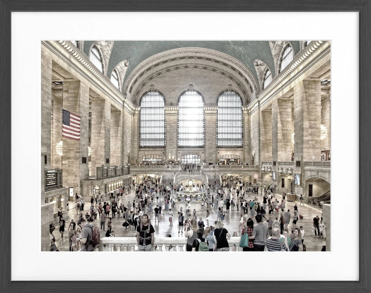 Schwarz-weiß Poster mit Rahmen von Cosman-Photocollection, New York Central Station, 31x25 cm, Kunstfoto im Vintage-Stil