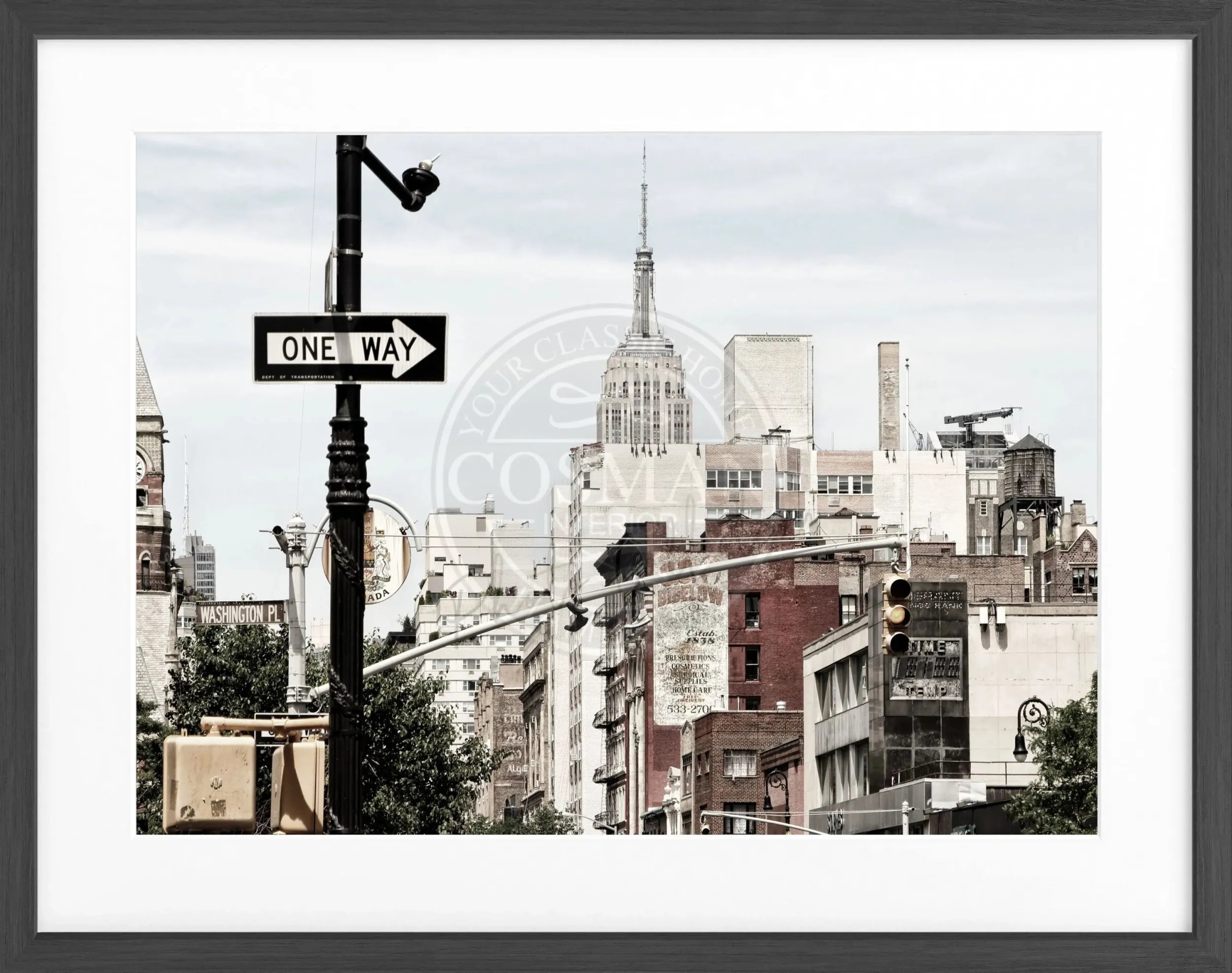 Schwarz-weiß Poster mit Rahmen von Cosman-Photocollection, New York Empire State Building, 31x25 cm, Kunstfotografie.