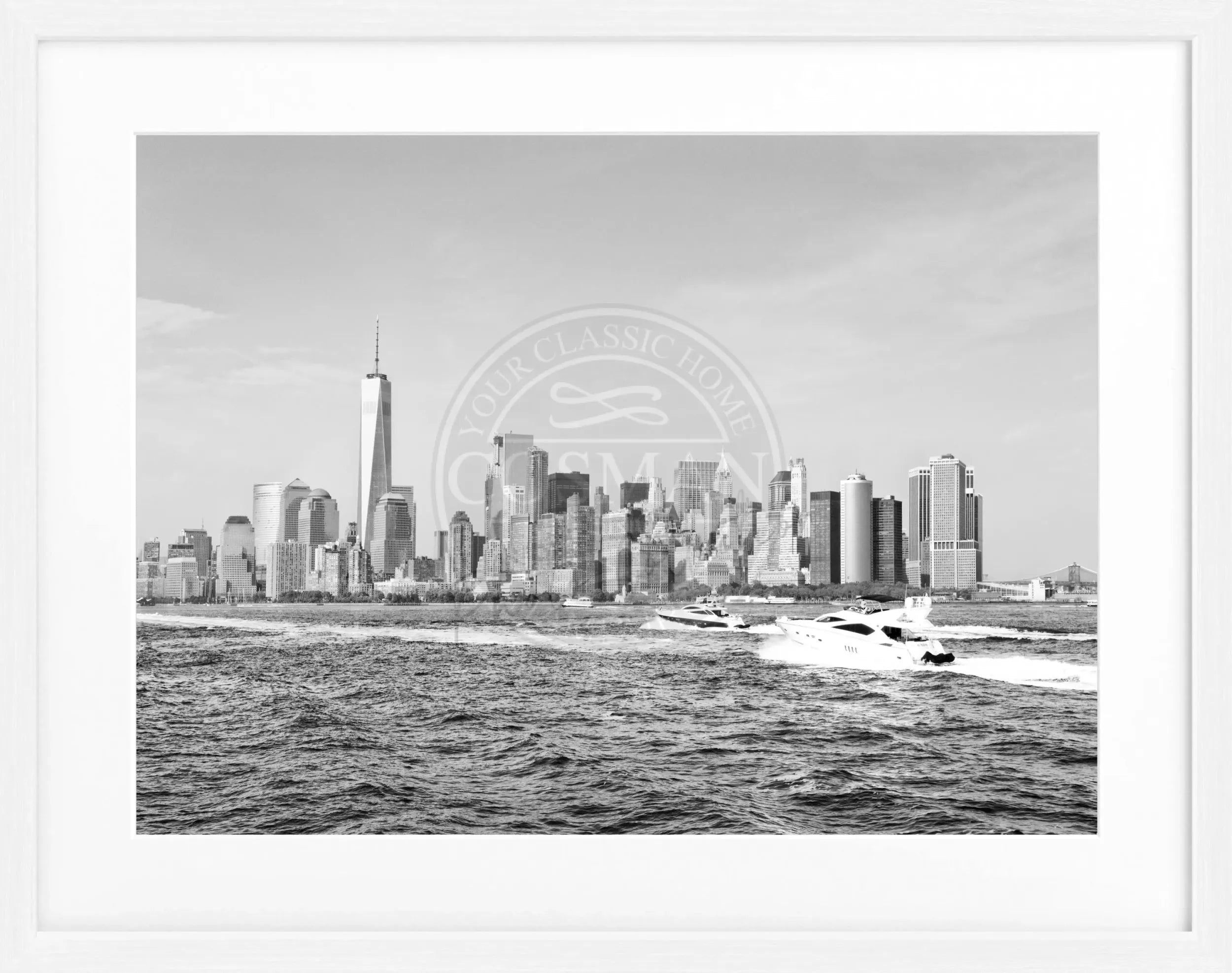 Schwarz-weiß Poster mit Rahmen, New York Skyline Motiv, 31x25cm, von Cosman-Photocollection, Wanddekoration