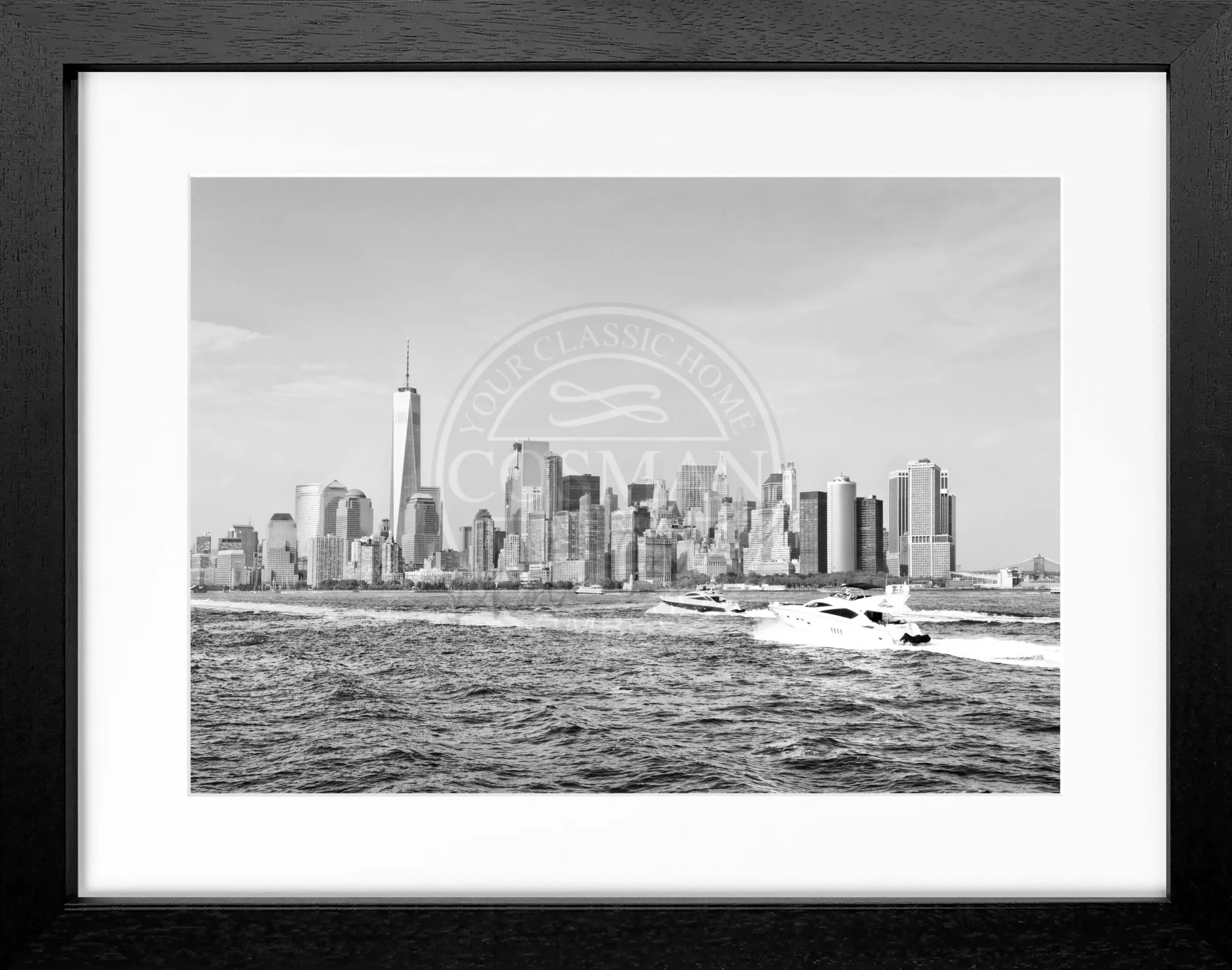 Schwarz-weiß Poster mit Rahmen, zeigt die Skyline von New York, von Cosman-Photocollection, Maße 31x25 cm.