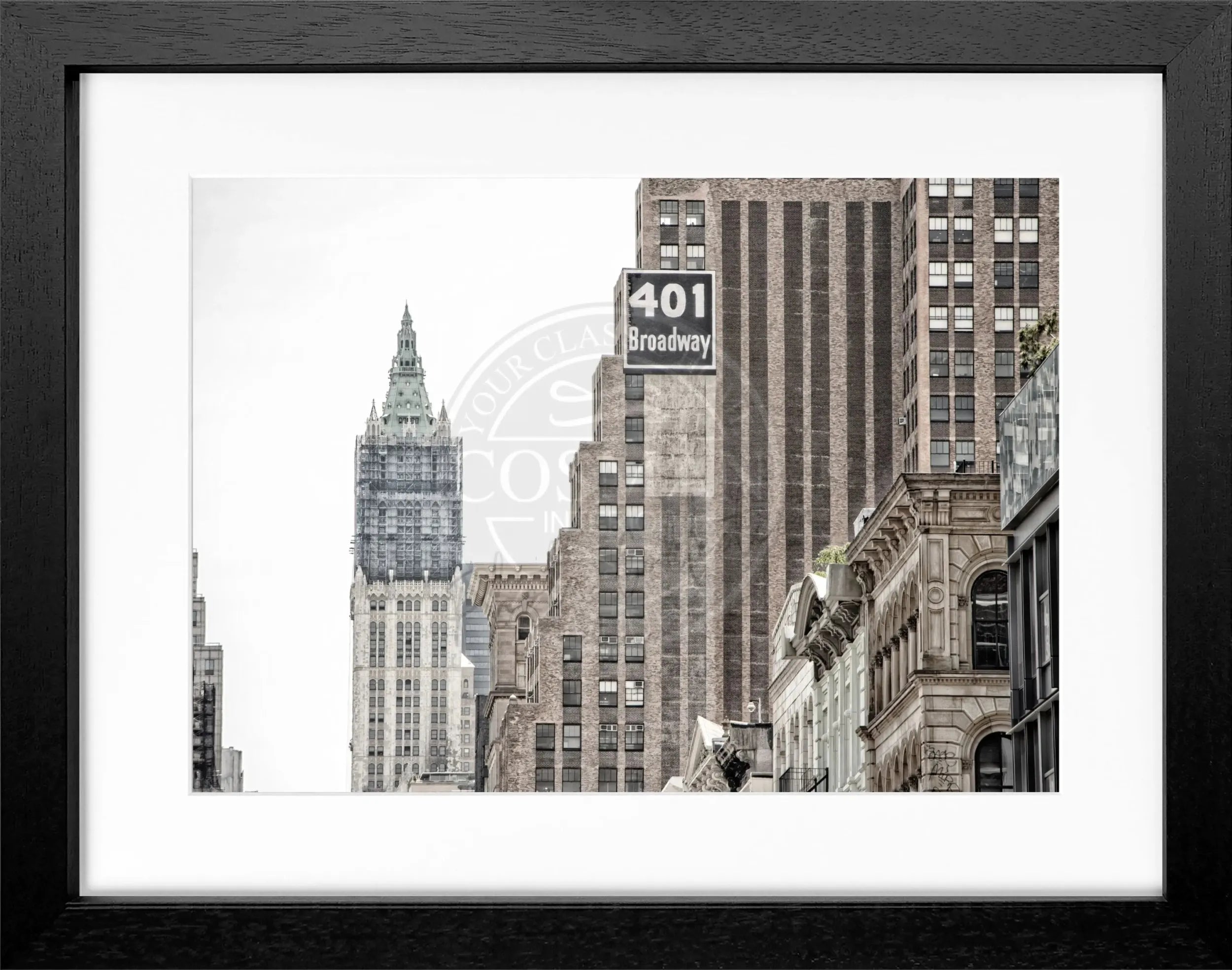 Schwarz-weiß Poster mit Rahmen von Cosman-Photocollection, New York Woolworth Building, 31x25cm, Stadtmotiv, Wanddekoration