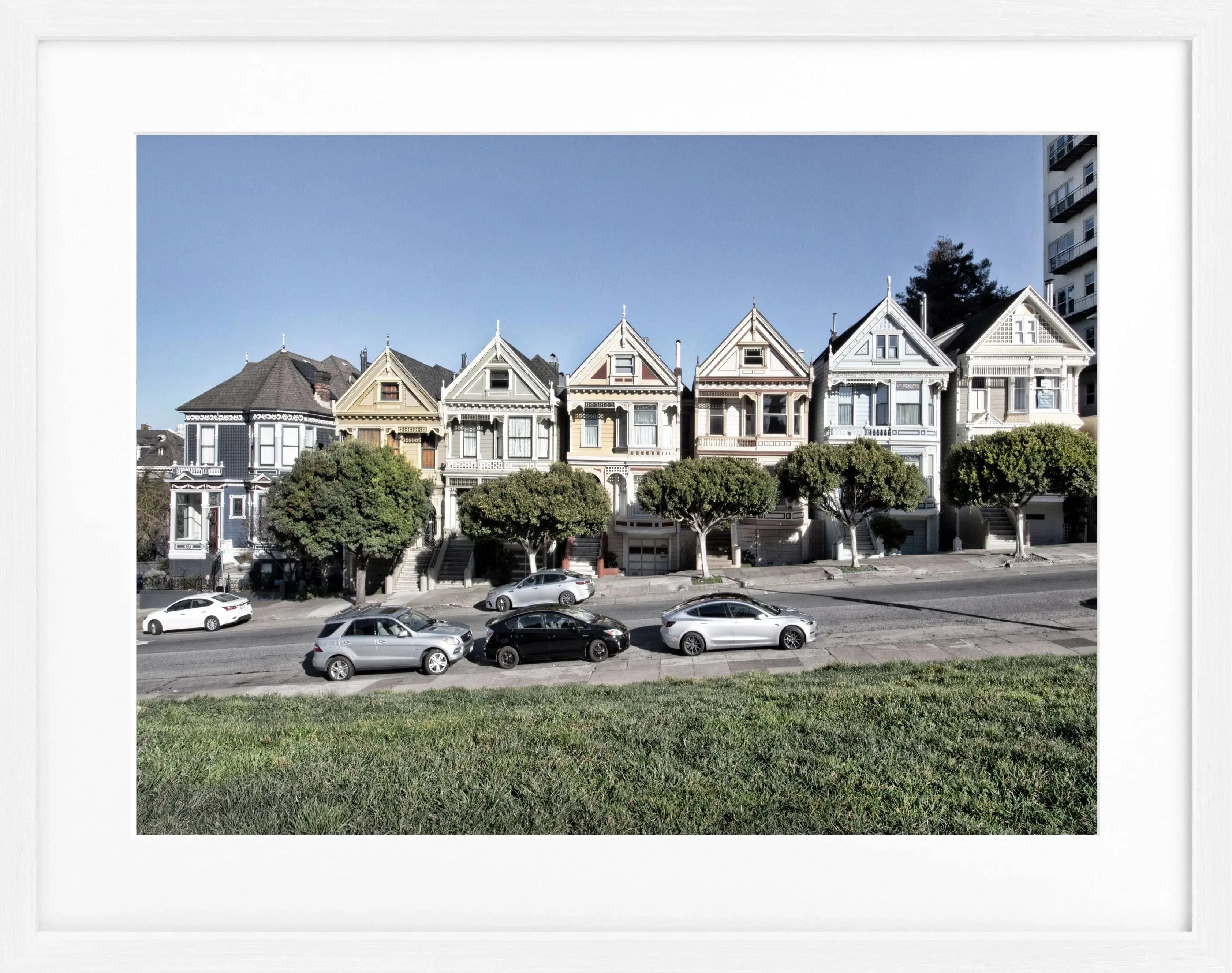 Schwarz-weiß Poster mit Rahmen 'Painted Ladies' San Francisco, 31x25cm, von Cosman-Photocollection, detailreiches Stadtmotiv